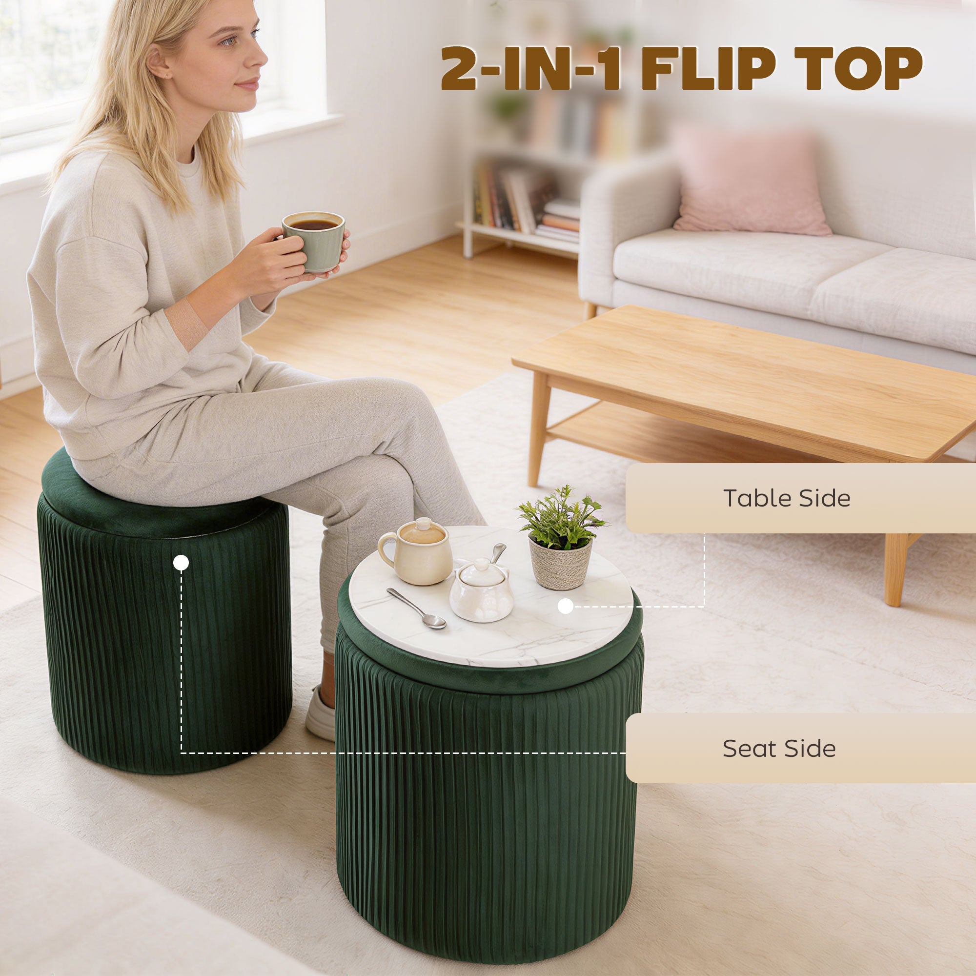 HOMCOM Storage Ottoman Modern Velvet Round Foot Stool for Living Room Bedroom 45 cm Dark Green