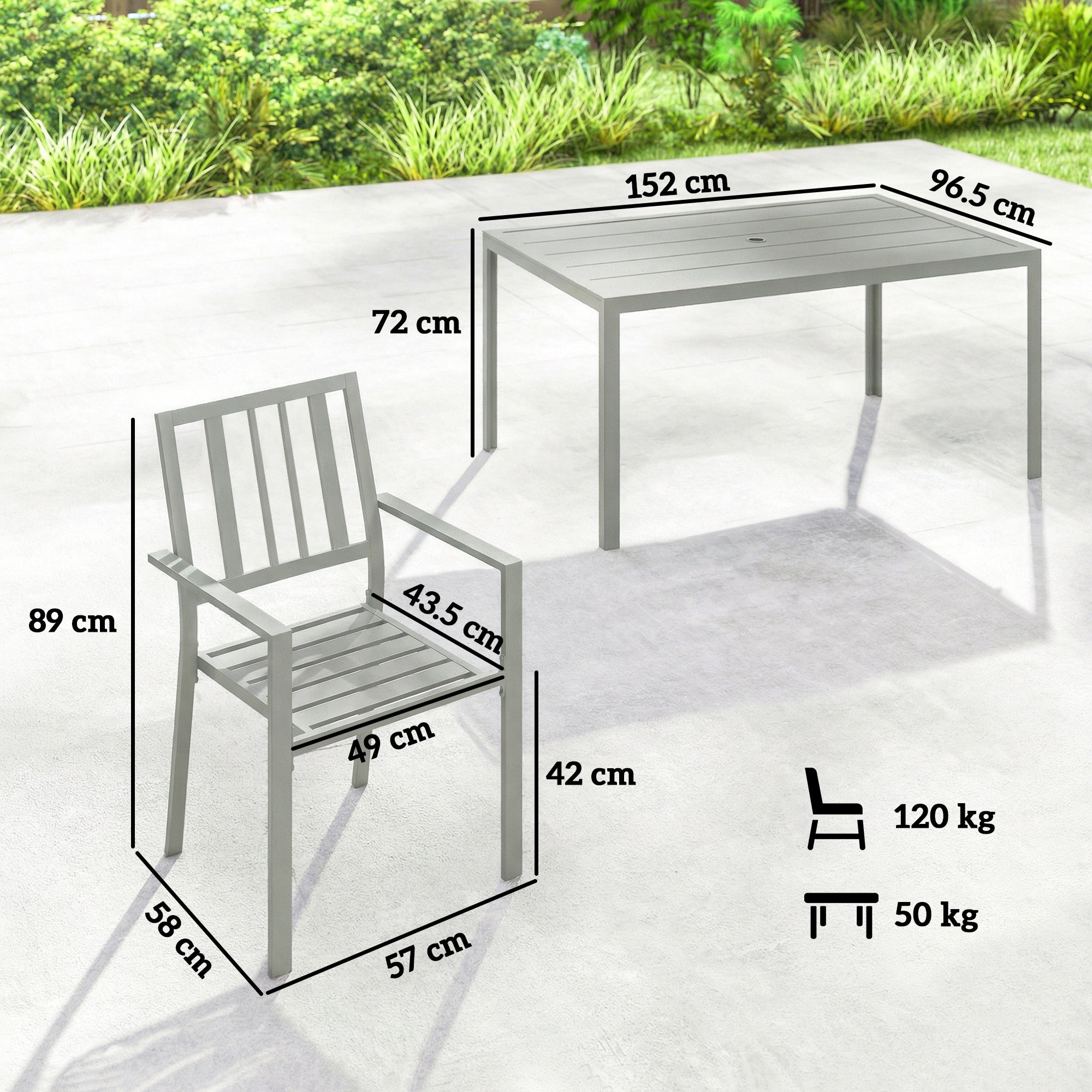 Outsunny Garden Table and Chairs for 6, 7 Pieces Garden Furniture Set with Table, 6 Stackable Chairs and Umbrella Hole Light Grey