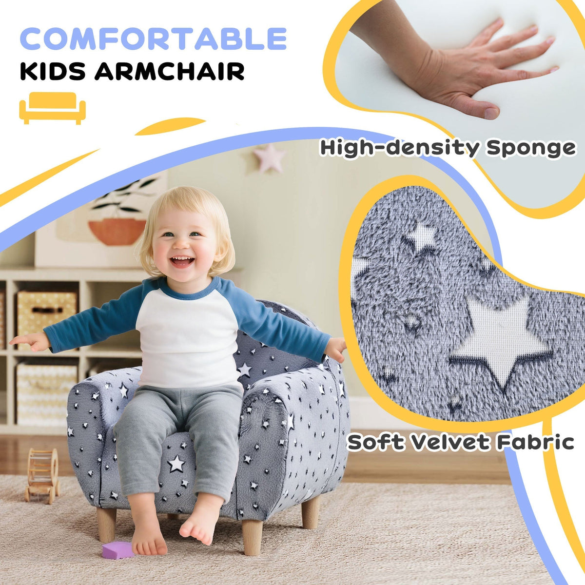 AIYAPLAY Kids Armchair, Glow in the Dark Chair with Star Design for Bedroom, Playroom, Kids Room, Grey