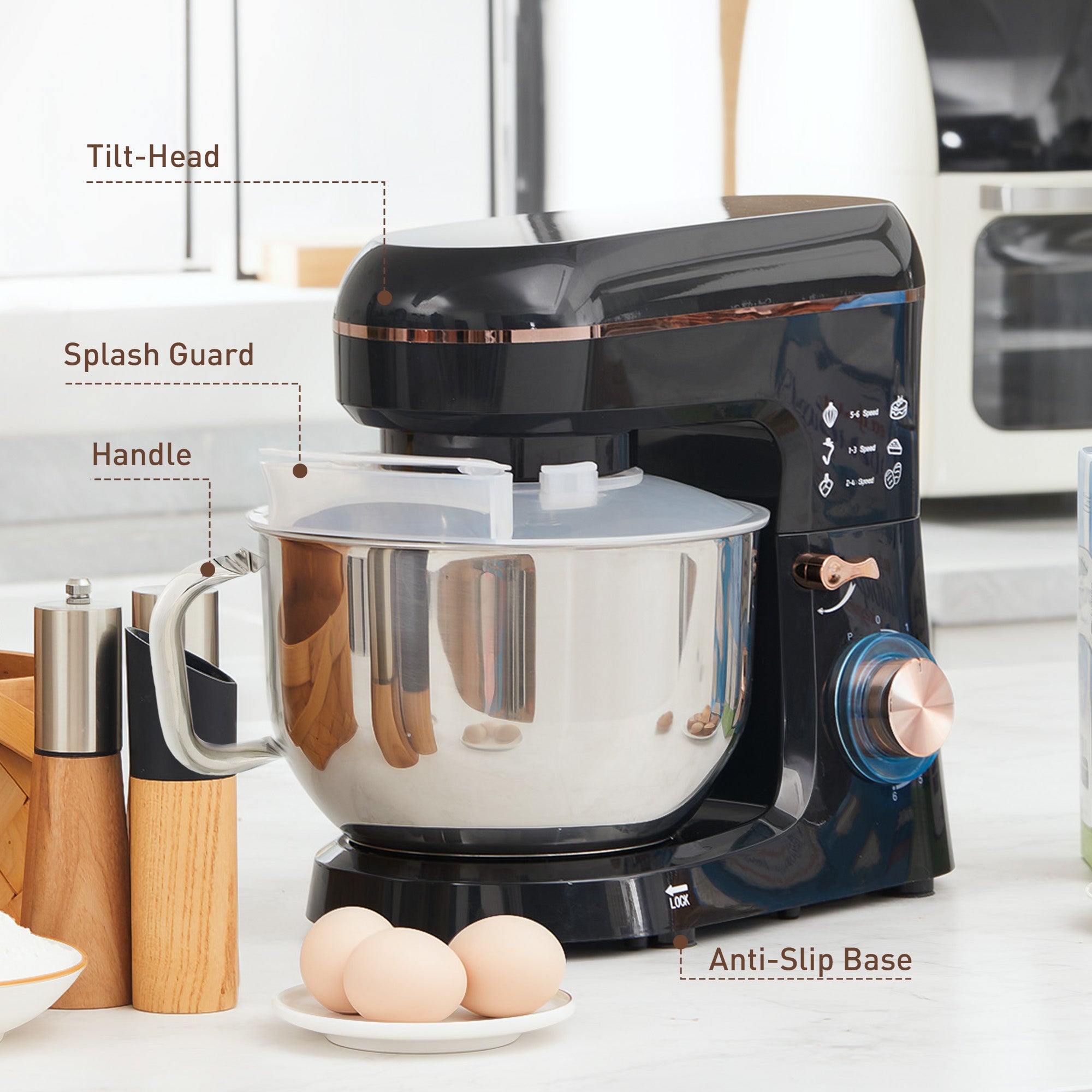 HOMCOM Stand Mixer, 5L Food Mixer for Baking, 6 Speeds and Pulse Setting, 1400W Cake Electric Kitchen Mixer with Dough Hook, Whisk, Stainless Steel Bowl, Splash Guard, Beater, Black