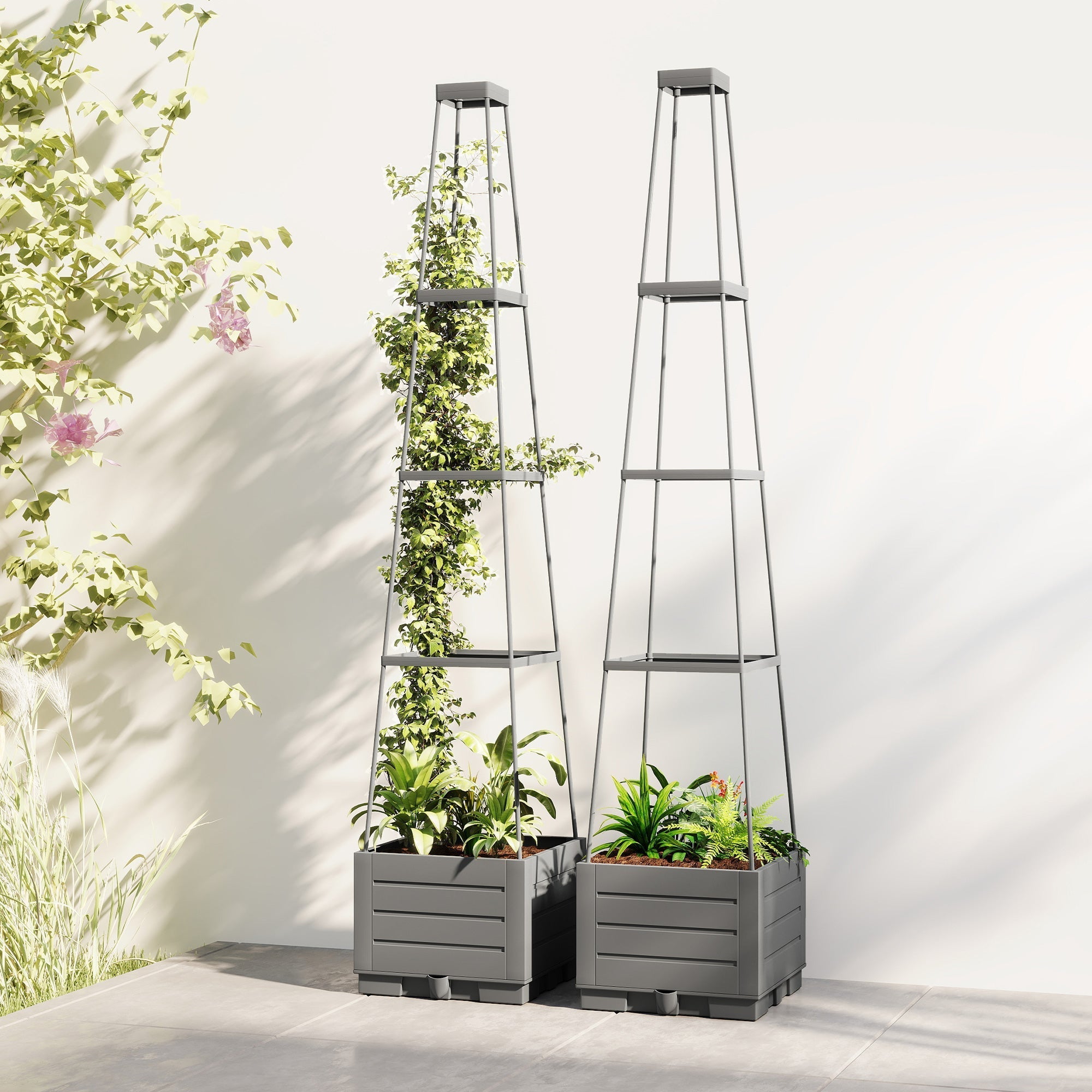 Outsunny 2 Pack Raised Garden Bed with Trellis, Plastic Outdoor Planter Box with Removable Drainage Tray