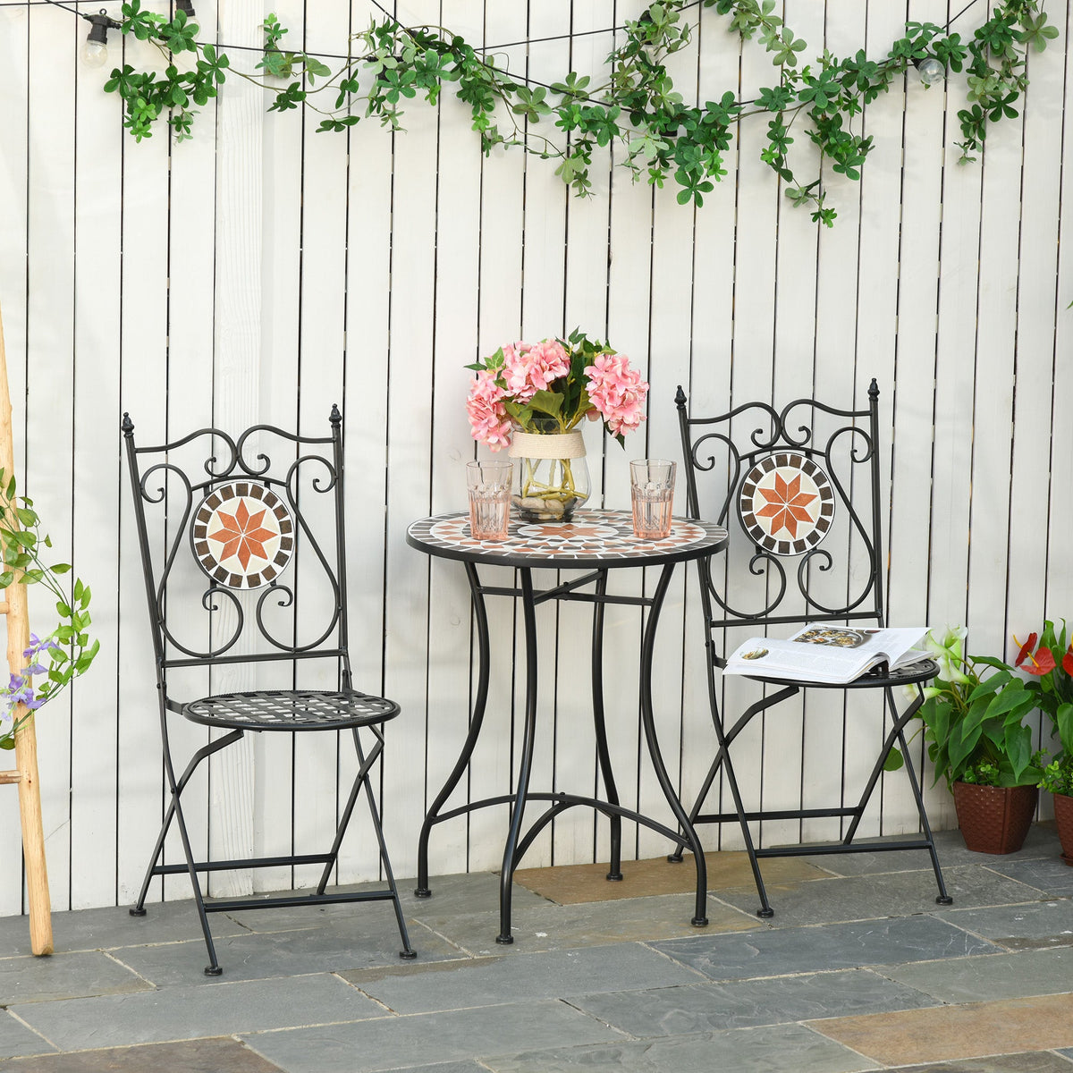 Outsunny Three-Piece Mosaic Bistro Table Set - Multicoloured