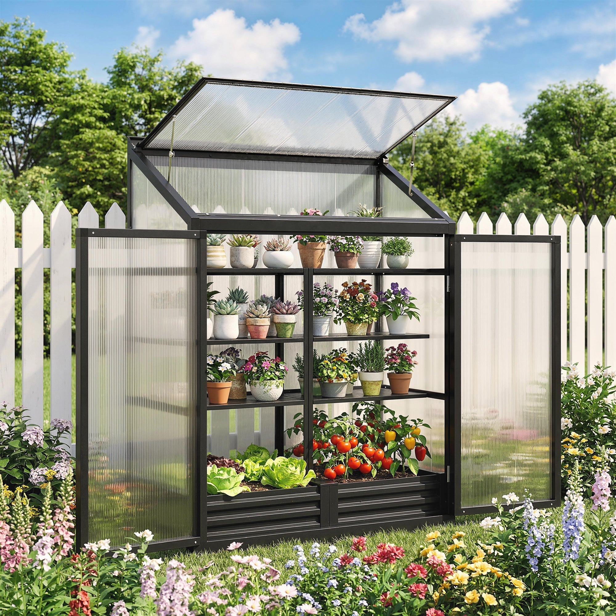 Outsunny Polycarbonate Greenhouse with Hinged Door, Top Vent, Lean-to Green House, Walk-in Greenhouse, 4 x 2ft, Black