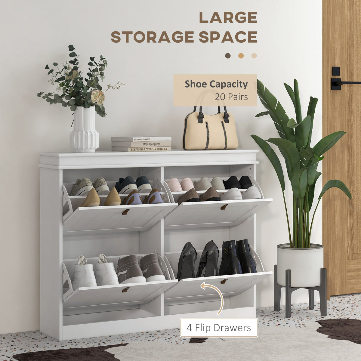 HOMCOM Slim Shoe Cabinet, Shoe Cabinet with 4 Drop-Down Drawers, 105W x 24D x 82.5H cm,  White