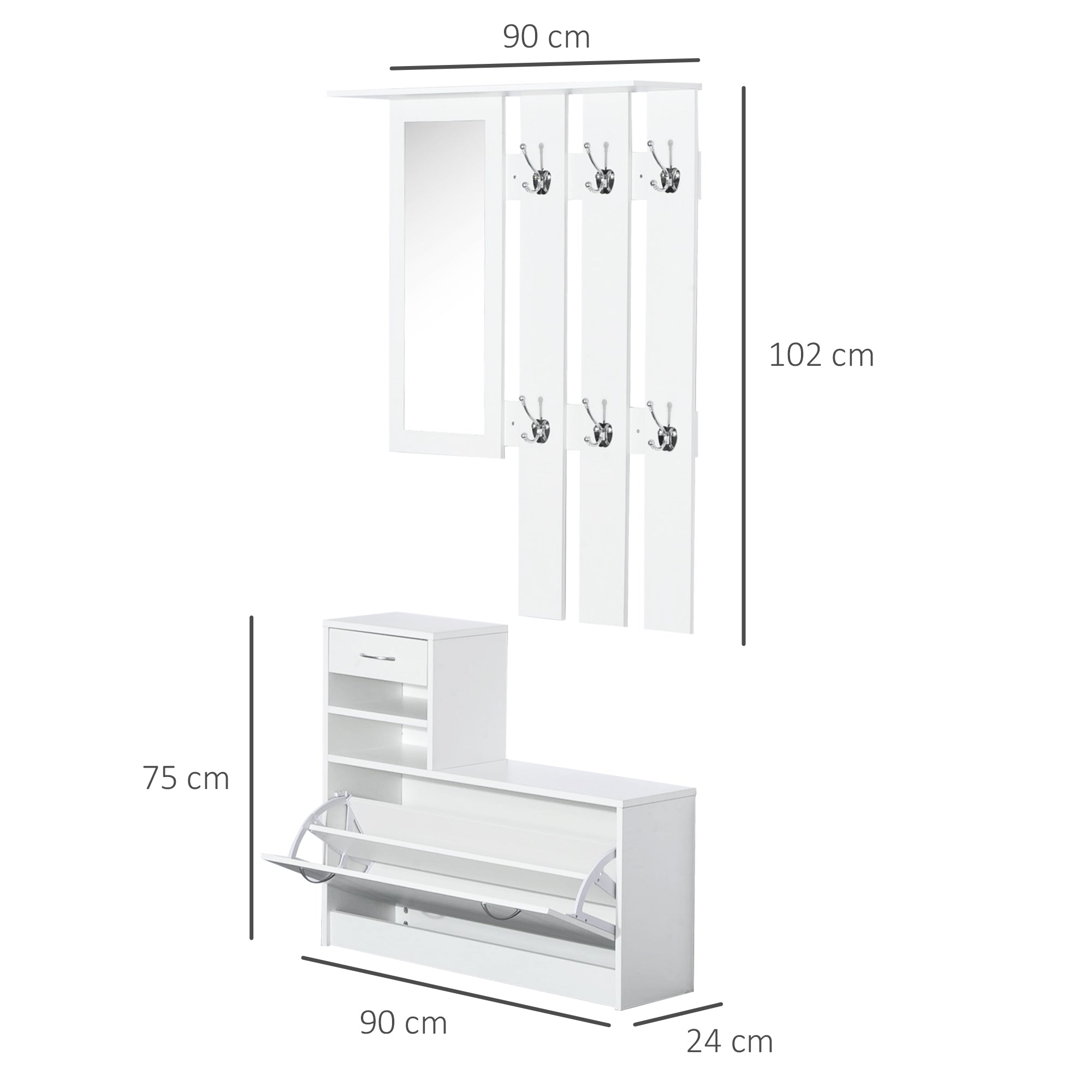HOMCOM 2PC Shoes Storage Chest Cloths Rack Unit w/Mirror Multiple Shelves Large Storage Capacity Shoes Cabinet 6 Hooks Cloth Rack White