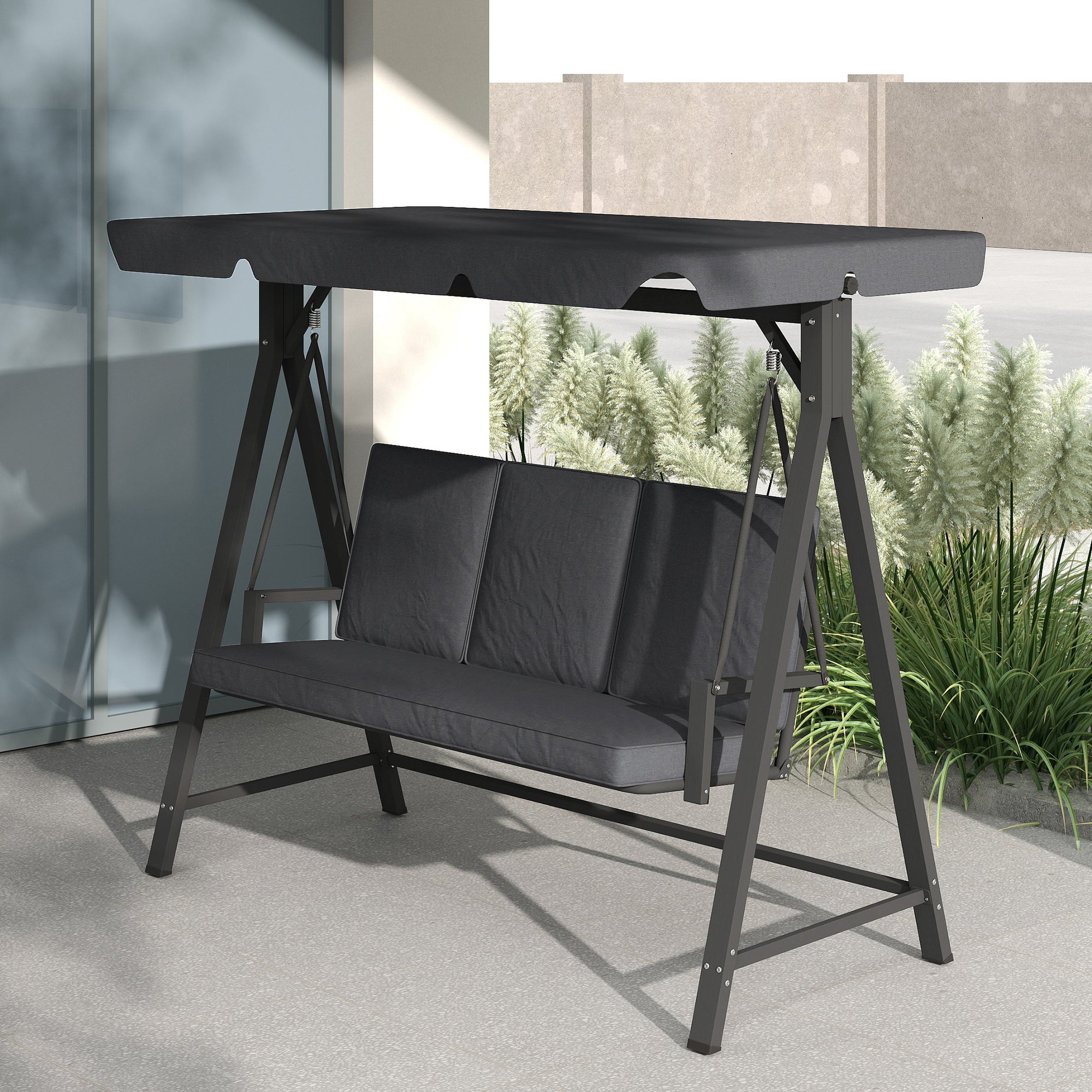 Outsunny Three-Seater Garden Swing Bench, with Adjustable Canopy - Dark Grey