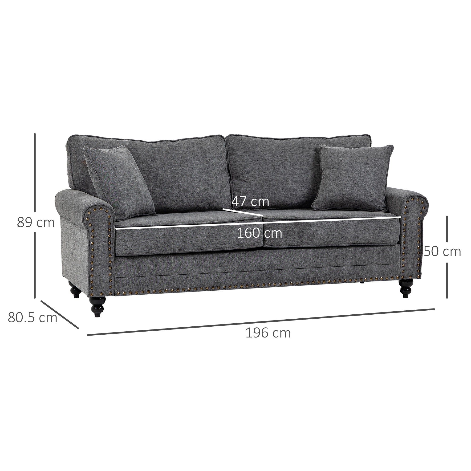 HOMCOM 196cm 3 Seater Sofa, Fabric Sofa with Rubber Wood Legs, Nailhead Trim, 2 Pillows, Small Upholstered Couch Settee for Living Room, Guest Room, Grey