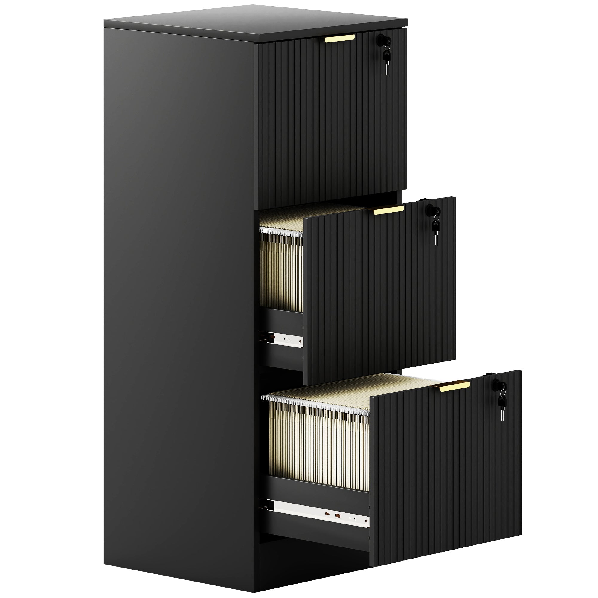 HOMCOM Filing Cabinet, Fluted Vertical File Cabinet with 3 Lockable Drawers and Hanging Rails, Black