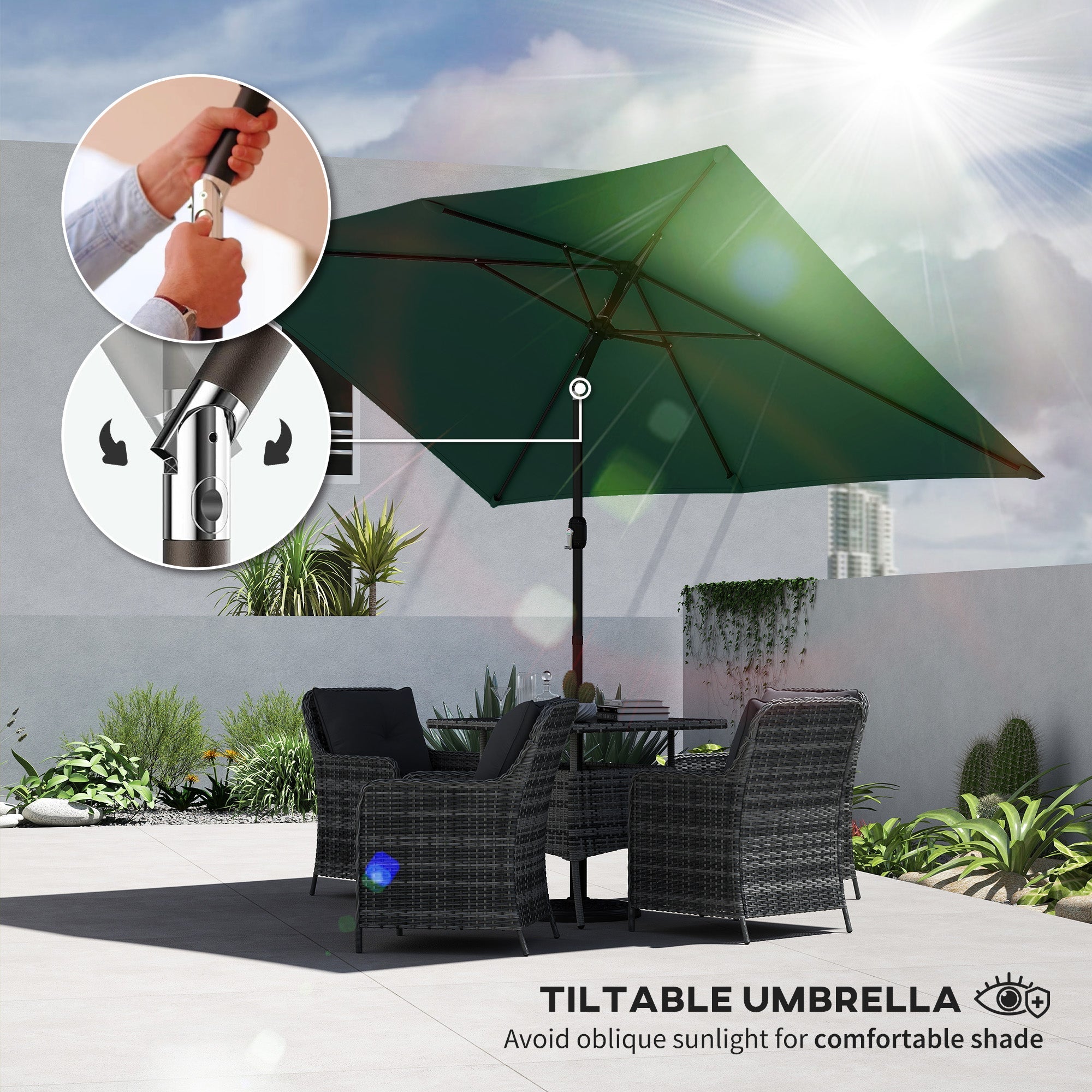 Outsunny Garden Parasol, Parasol Umbrella with Crank Handle, Tilt Function, Polyester Canopy, Green