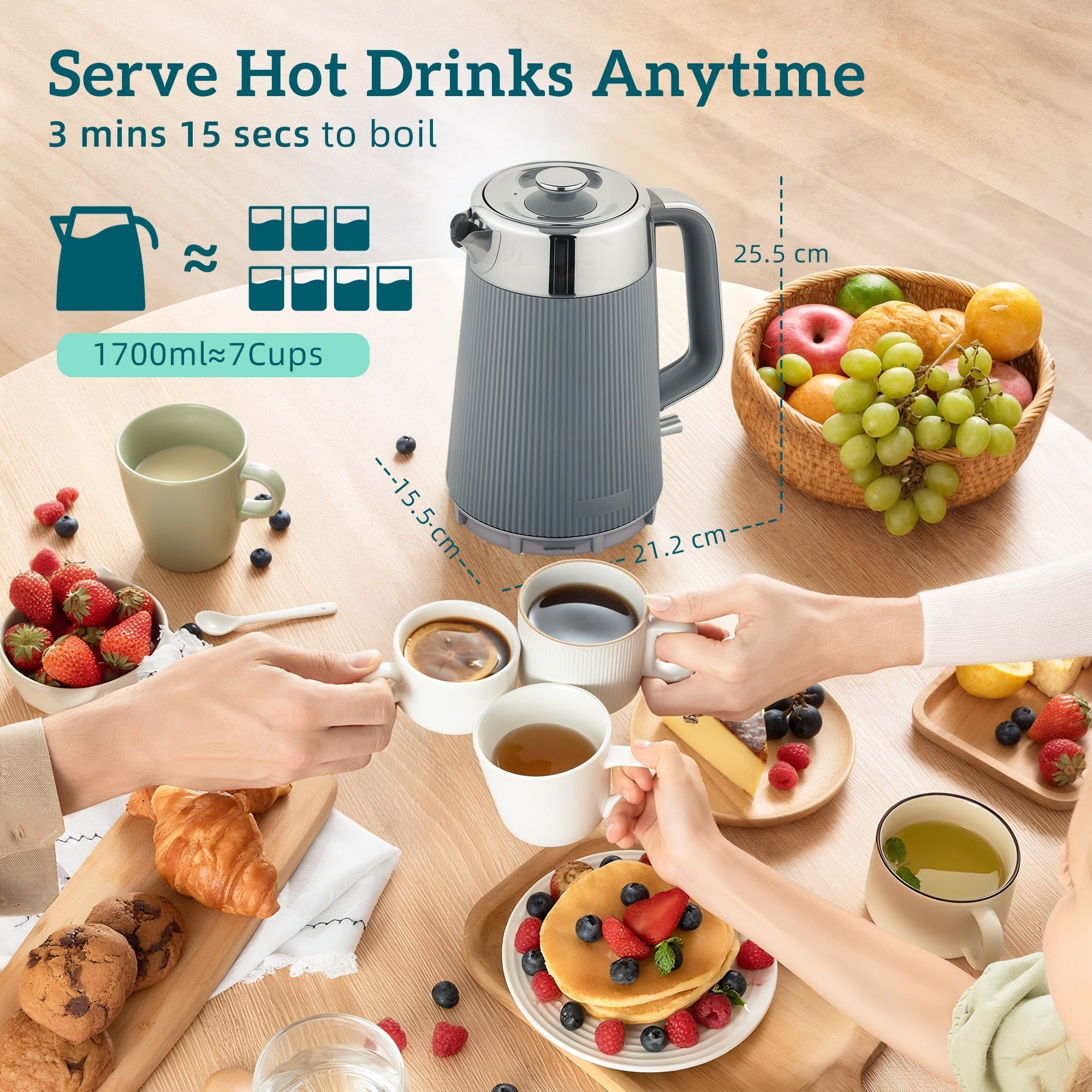 HOMCOM Electric Stainless Steel Kettle and Toaster Set, 3000W 1.7L UK Strix Thermostat Fast Boil Kettle w/ Limescale Filter, Cool Touch Body, 4 Slice Toaster with 7 Browning Levels, Crumb Tray, Grey