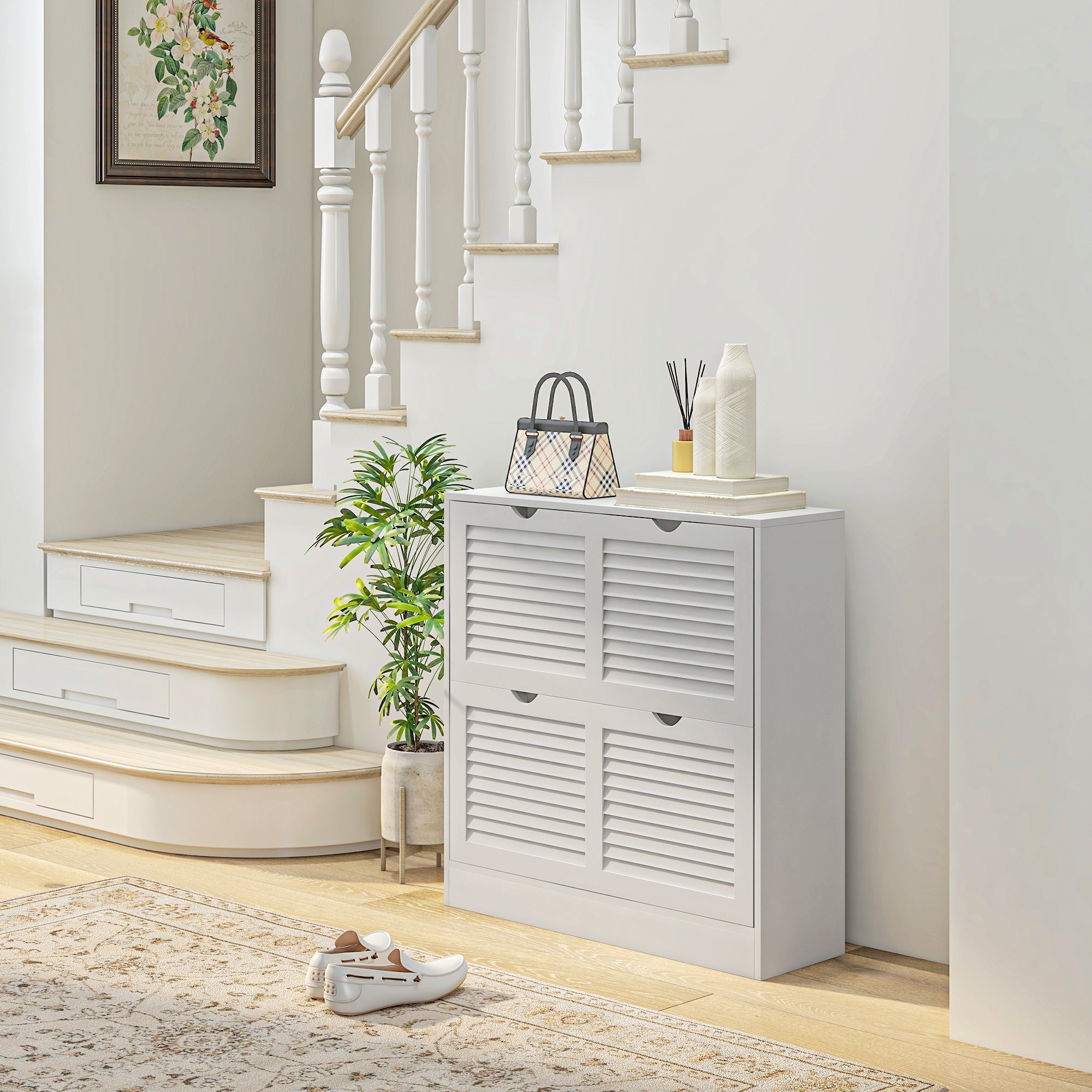 HOMCOM 2 Drawers Entryway Shoe Cabinet, Narrow Shoe Storage Cabinet with 2 Flip Drawers, Louvred Door Design and Adjustable Shelves for 16 Pairs of Shoes, White