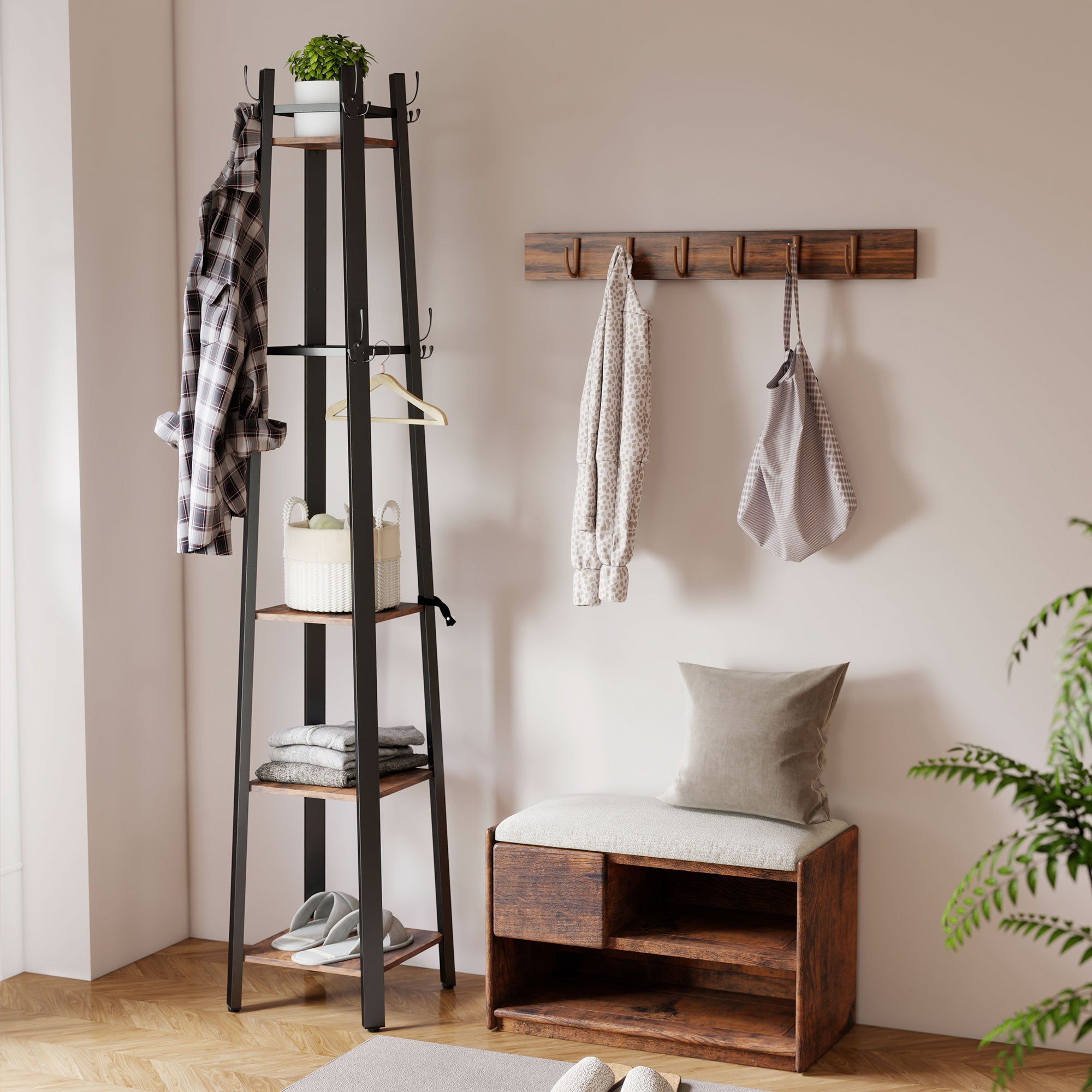 HOMCOM Industrial Coat Stand with 8 Hooks and 4 Shelves - Rustic Brown
