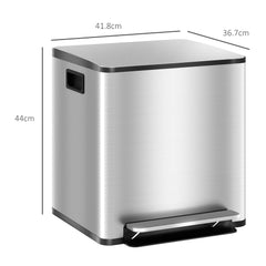 HOMCOM 30L Dual Compartment Stainless Steel Bin, with Deodoriser Holders - Silver Tone