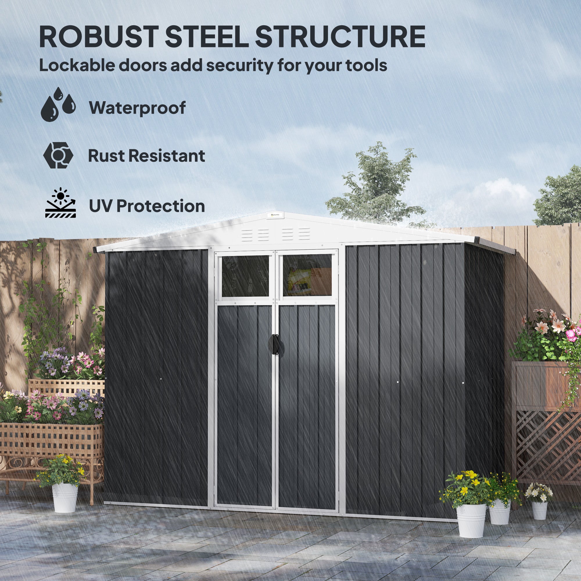 Outsunny 8 x 4 ft Metal Garden Shed, Garden Storage Shed with Window, 4 Vents and Lockable Door, Waterproof Galvanised Steel Tool Storage Shed, Dark Grey