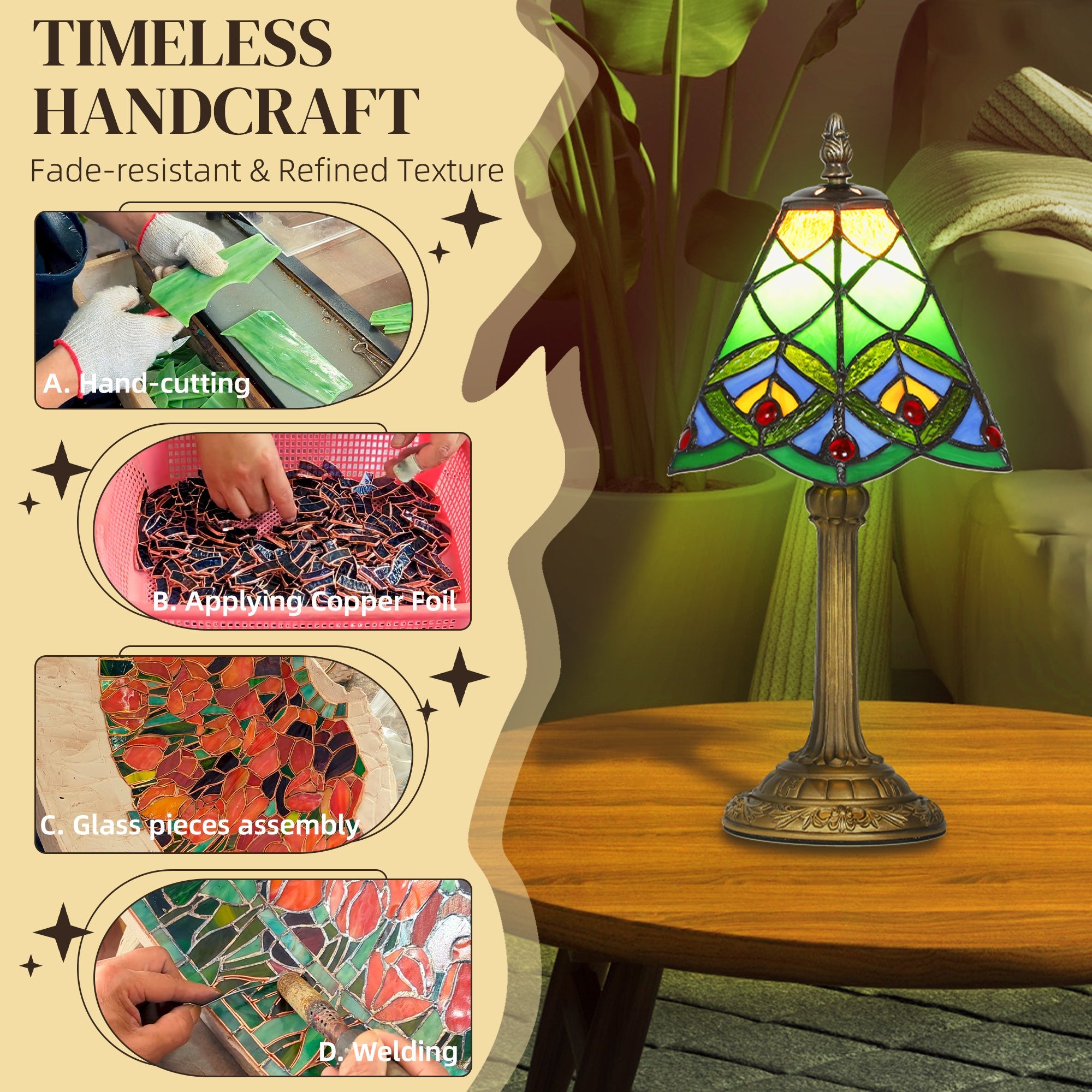 HOMCOM Tiffany-Style Table Lamp with Geometric Patterns, Handcrafted Antique Stained Glass Bedside Lamp for Living Room and Bedroom, E27 Socket, Green