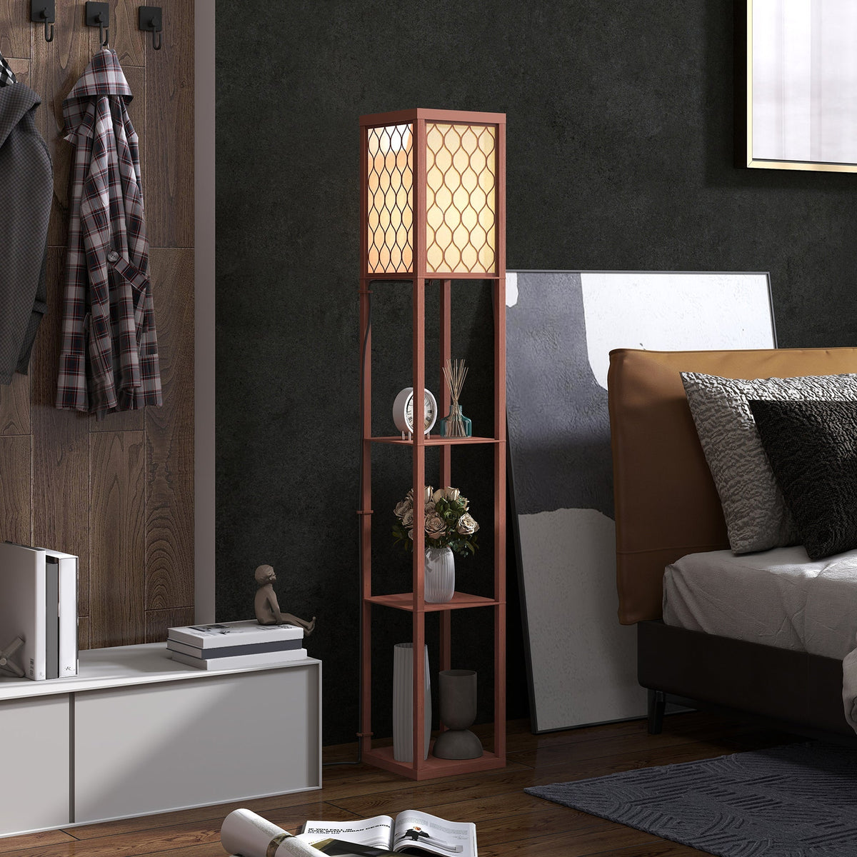 HOMCOM Three-Shelf Standing Lamp - Brown/White