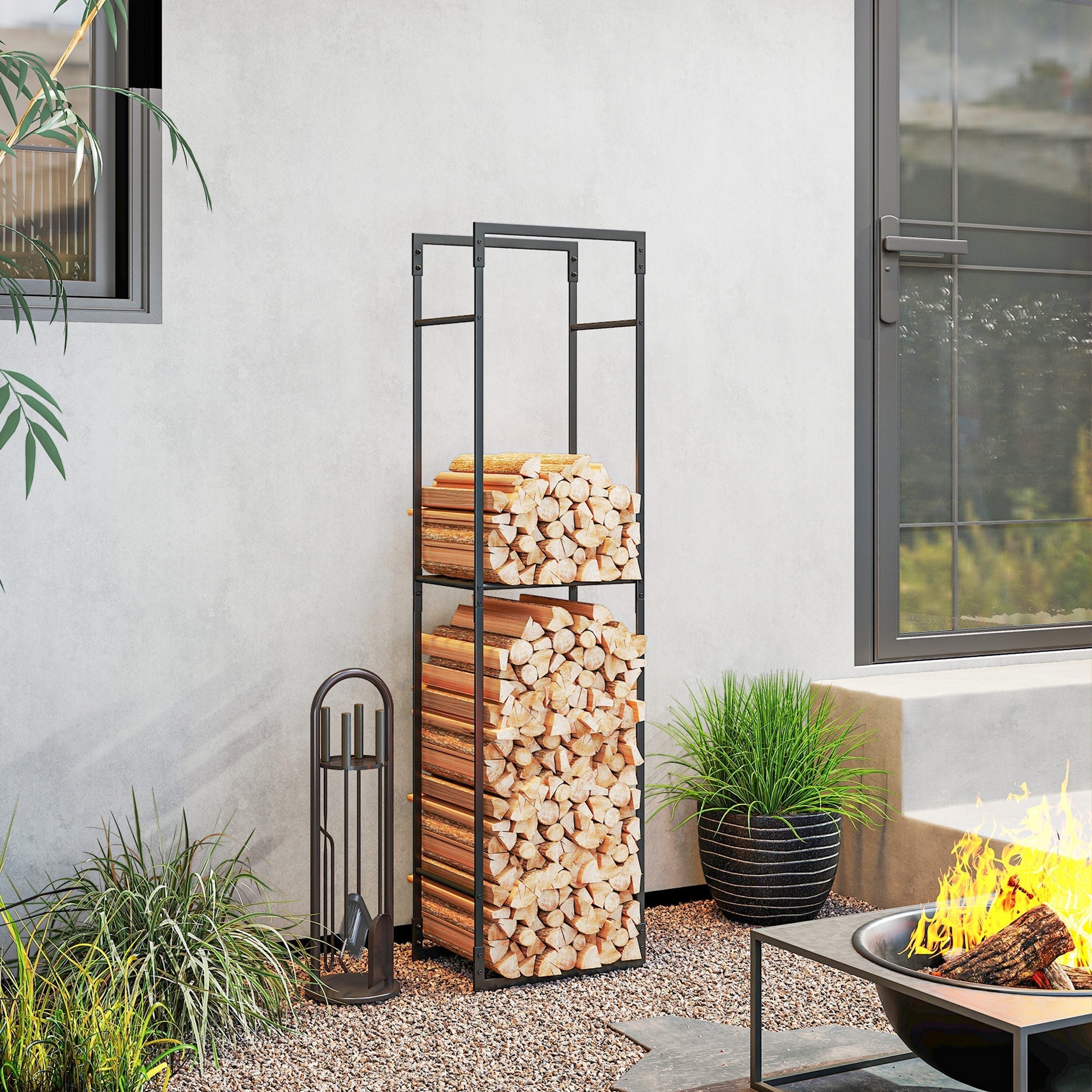 Outsunny Metal Firewood Log Holder, Heavy Duty Firewood Rack with Adjustable Shelf, Indoor Outdoor Fireplace Wood Storage Shelf, 45 x 31 x 170 cm, Black