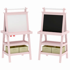 AIYAPLAY 3 in 1 Kids Easel Double-Sided Magnetic Whiteboard and Chalkboard with Paper Roll, Storage Baskets - Pink