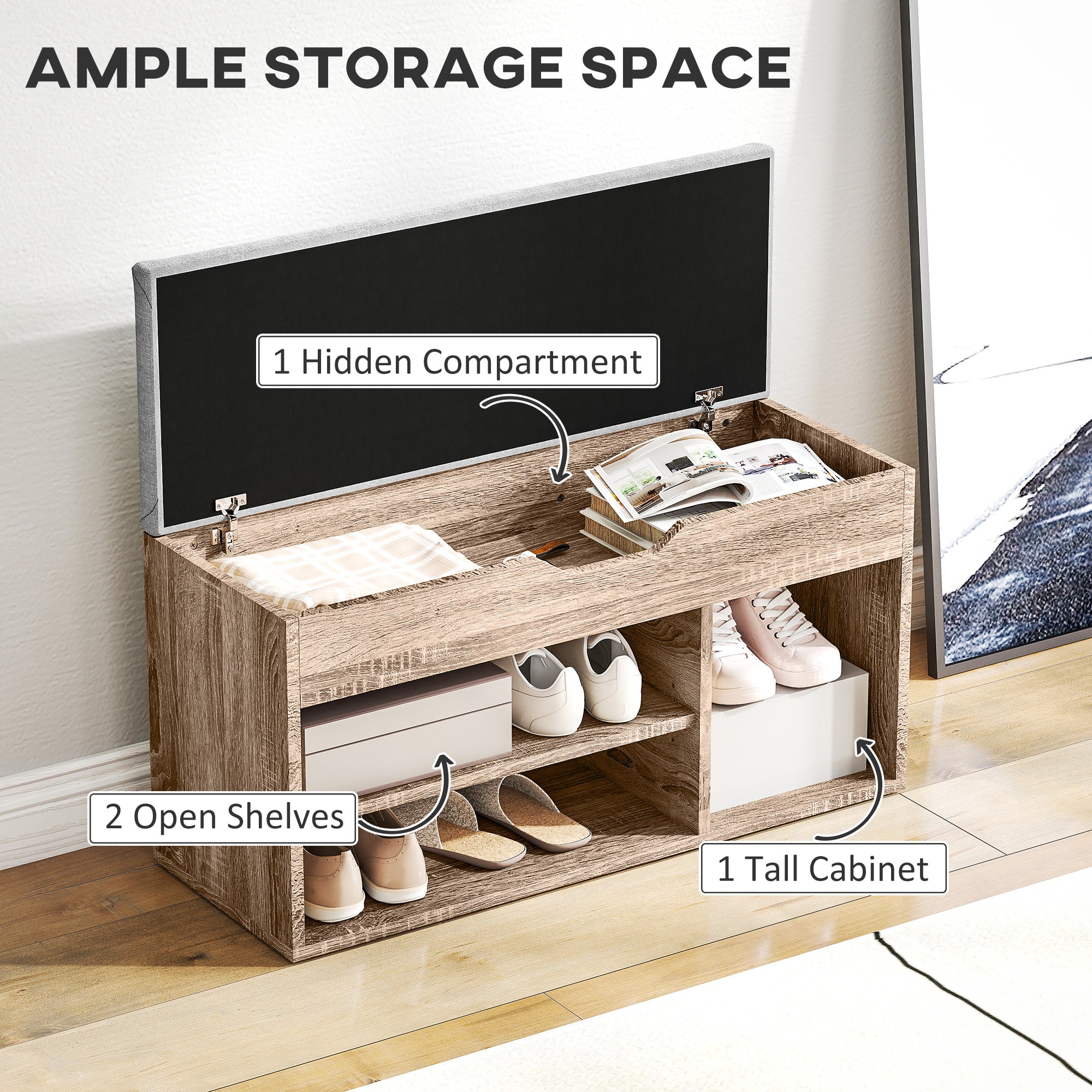HOMCOM Shoes Cabinet Bench Hidden Storage Padded Seat Organiser Footwear Rack Hallway Grey Wood Grain