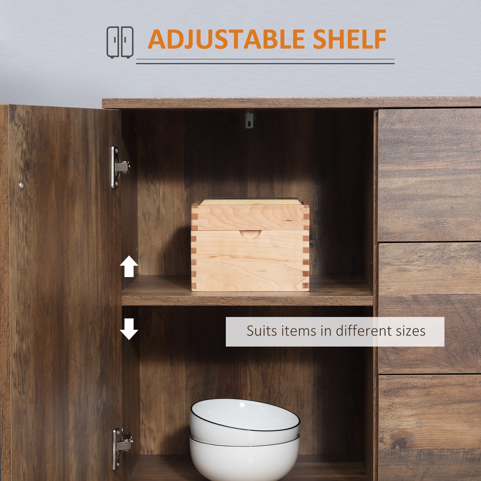 HOMCOM Industrial Sideboard with 3 Drawers, Storage Cabinet, Accent Cupboard with 2 Doors and Adjustable Shelves for Kitchen, Dining Room, Living Room, Distressed Brown