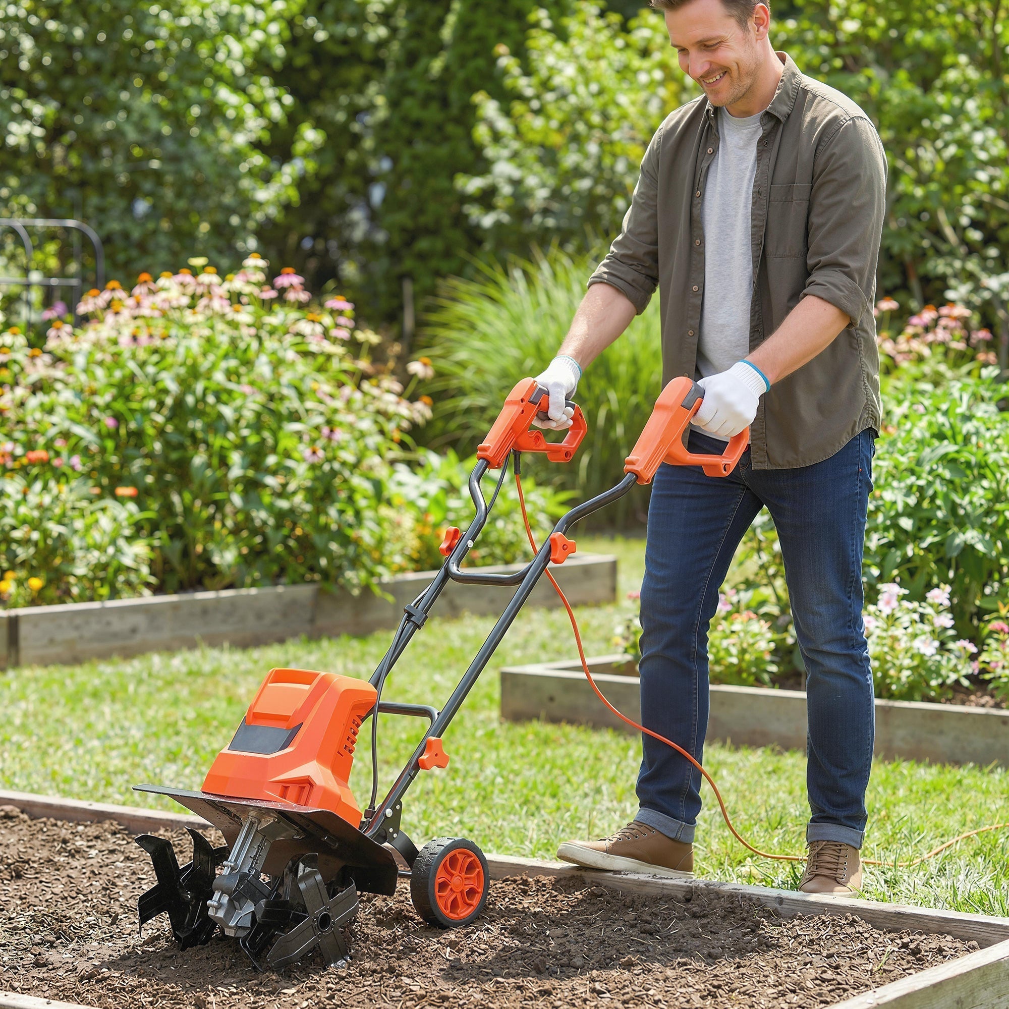 Outsunny 1500W Electric Garden Tiller w/Foldable Handle, 40cm Working Width, 20cm Tilling Depth, 6 Blades, 2 Adjustable Wheels