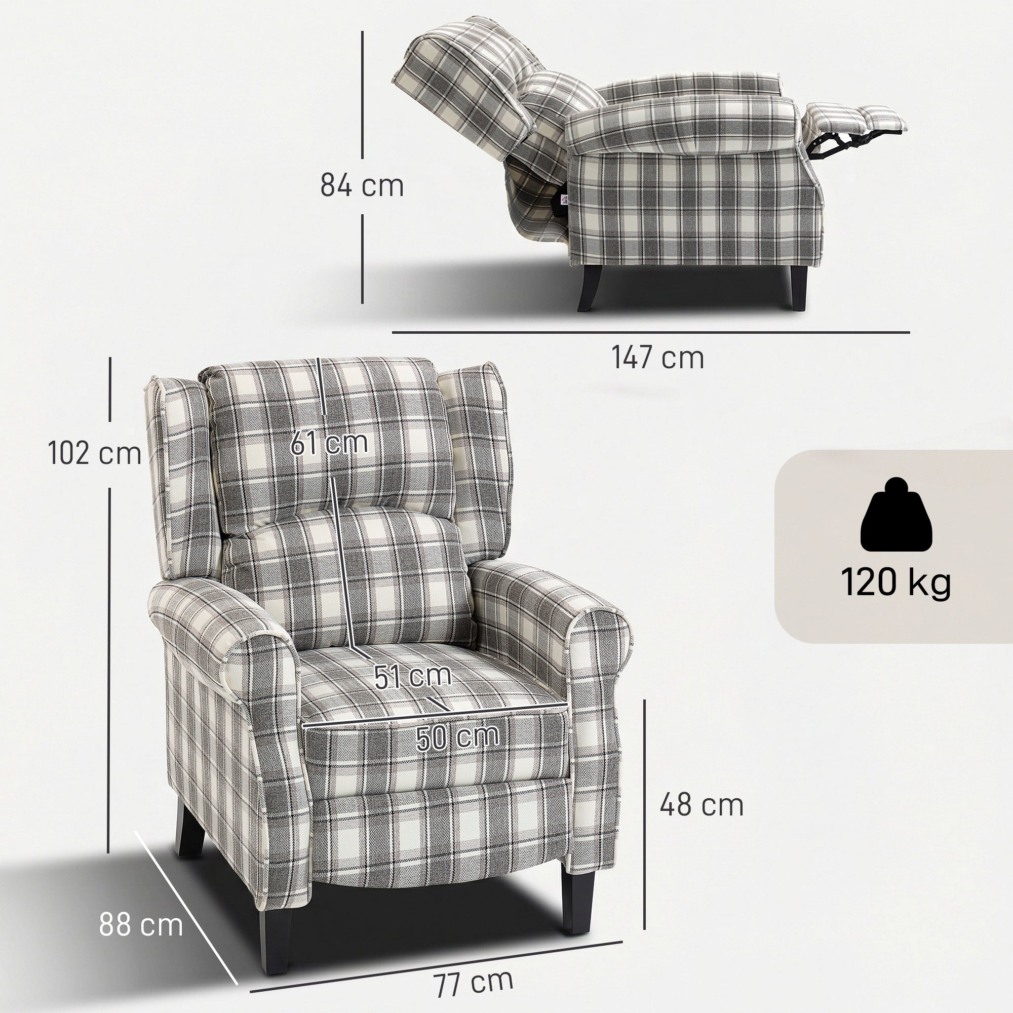 HOMCOM 160Â° Reclining Armchair, with Footrest - Grey and White