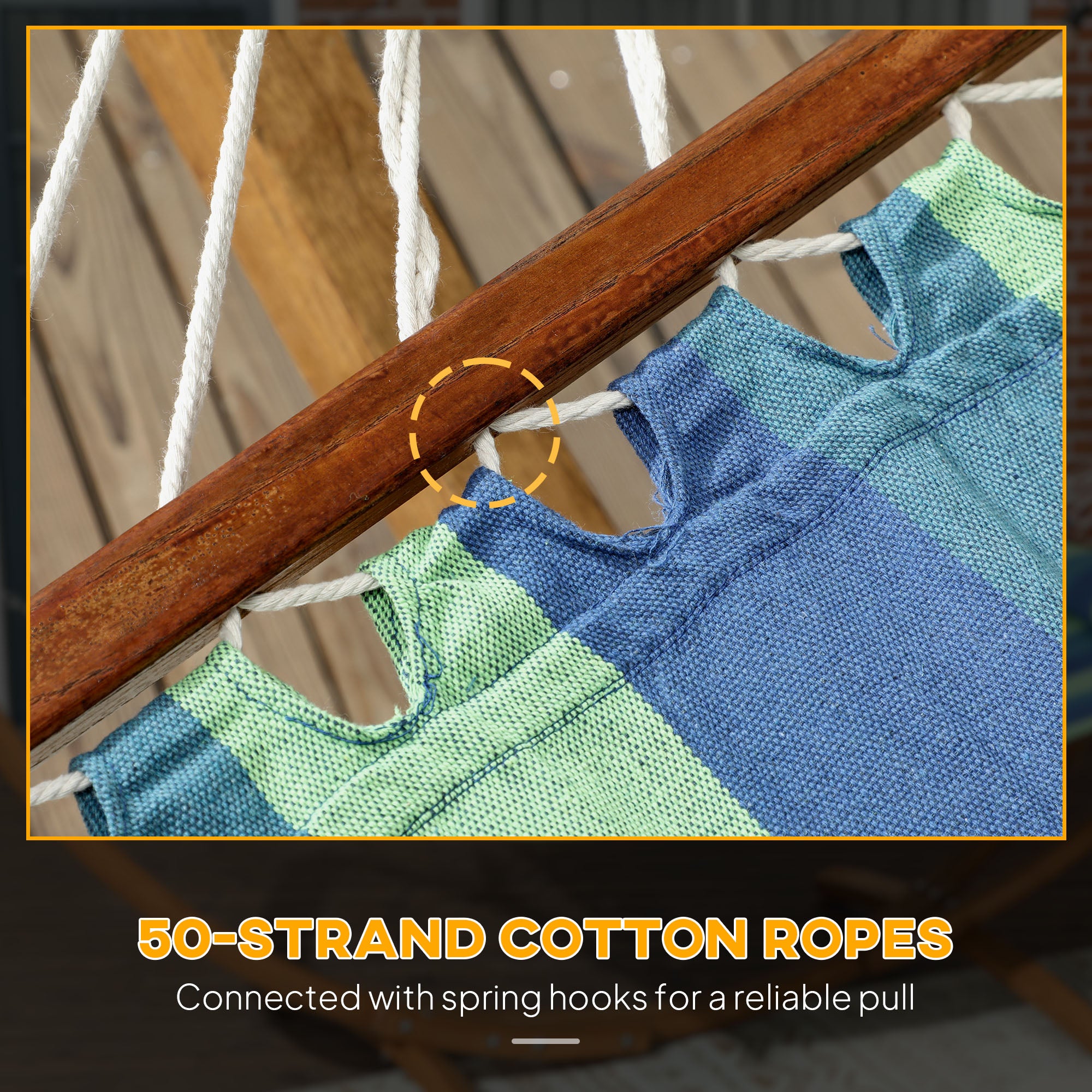 Outsunny Outdoor Hammock with Stand, Garden Hammock with Triple-Head Eucalyptus Wood Arc Frame, 1 Person Cotton Bed and Head Pillow, Freestanding Garden Swing Bed for Patio, Blue Stripe