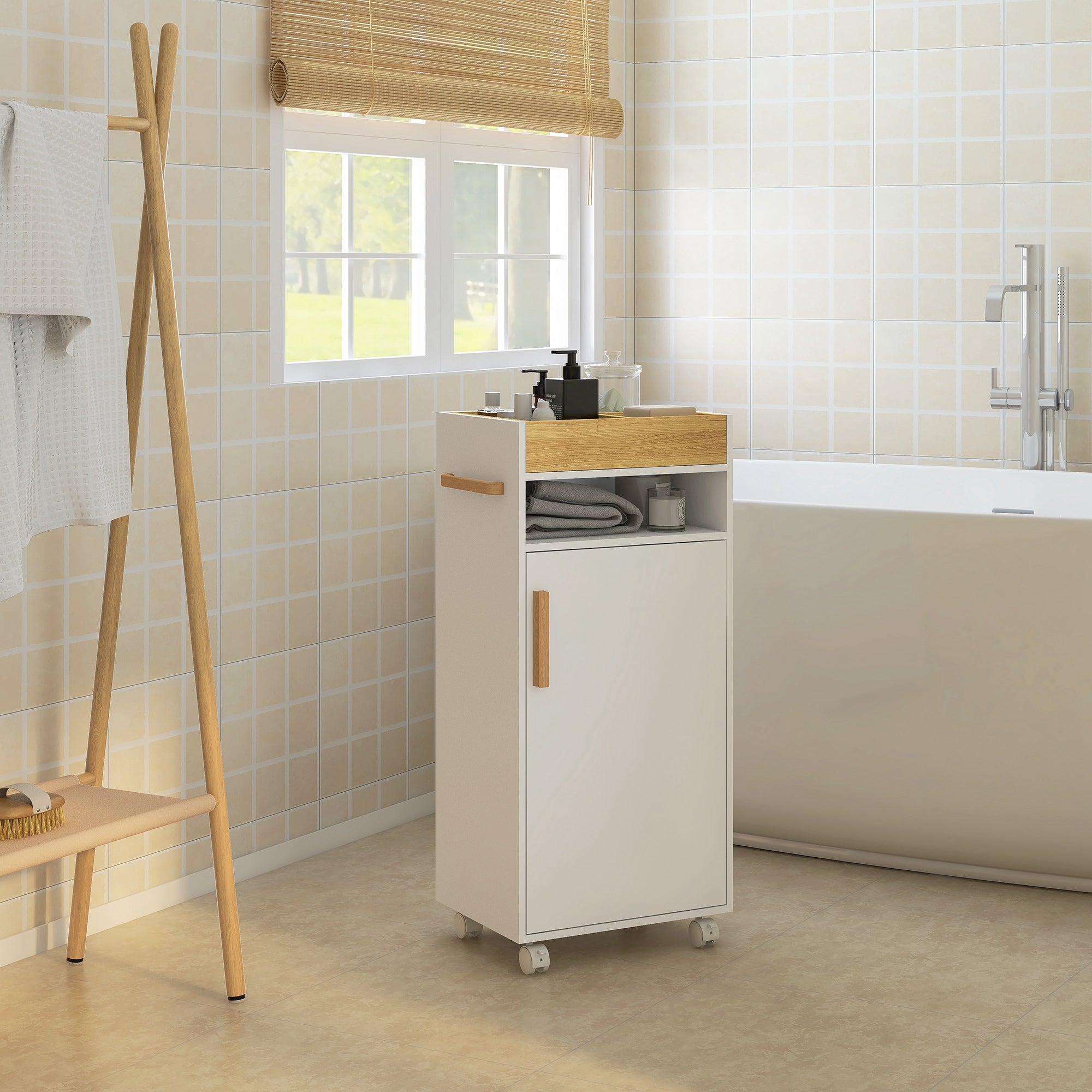 kleankin Scandinavian-Style Bathroom Cabinet, with Removable Top Tray - White/Wood Effect