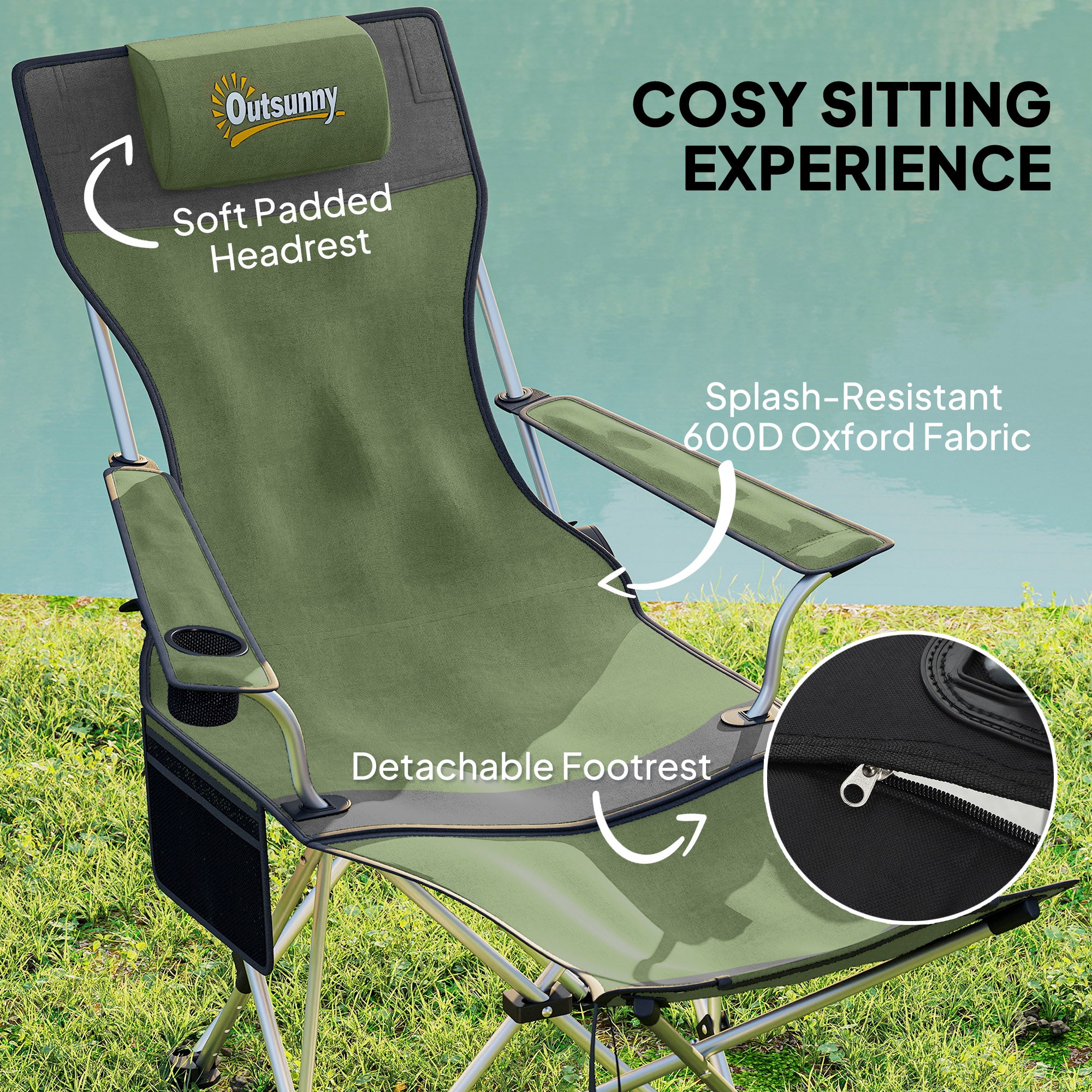 Outsunny Set of 2 Reclining Folding Camping Chair w/ Detachable Footrest, Storage Bag, Cup Holder & Headrest, Lightweight Portable Camp Chair for Beach, Picnic, Olive Green and Grey