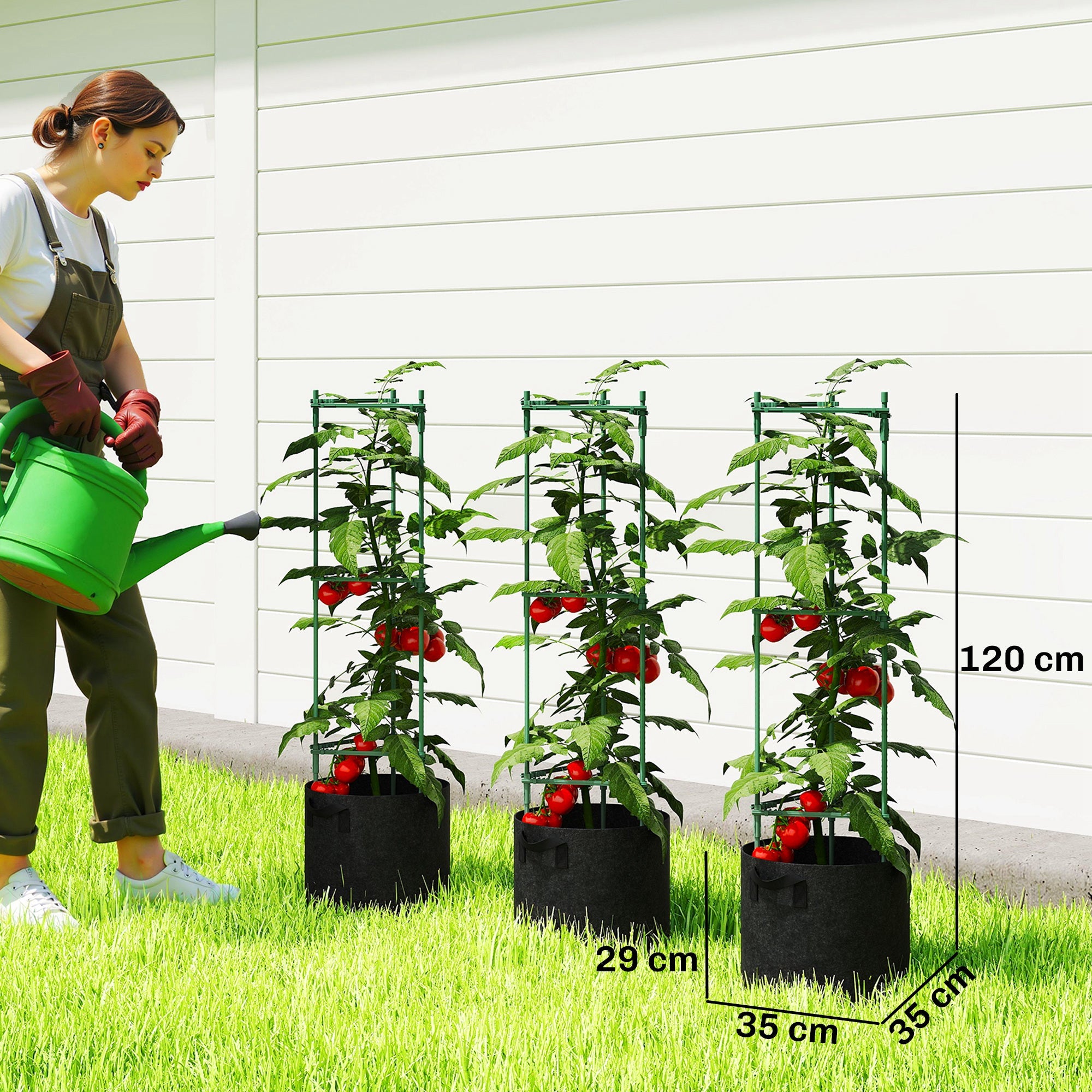 Outsunny 3 Packs Tomato Cages with 83.7L Grow Bags, 47.2" Adjutstable Triangle Plant Stakes Support Trellis with Planter Bags