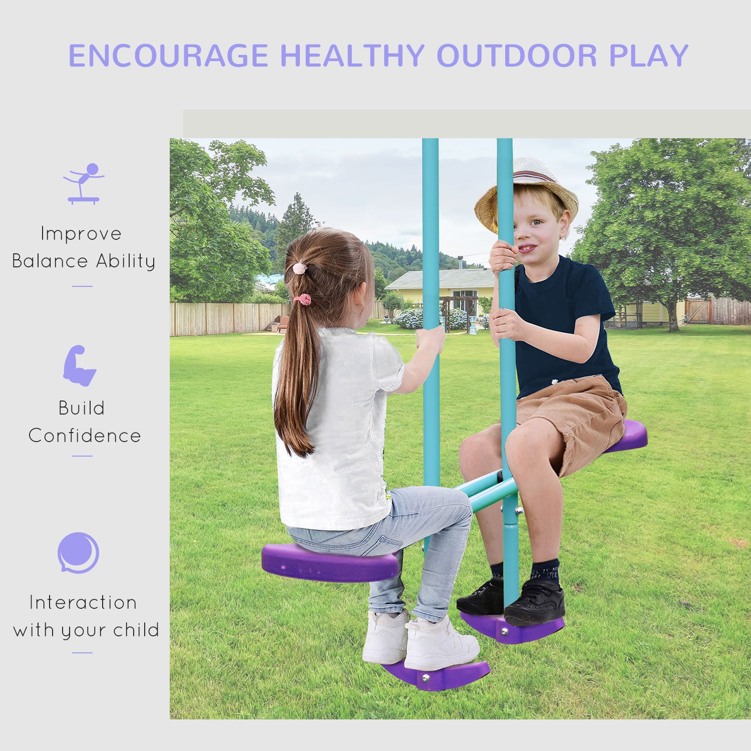 Outsunny Metal Swing Set, with Seesaw, Adjustable Height, for Ages 3+ Years, Purple