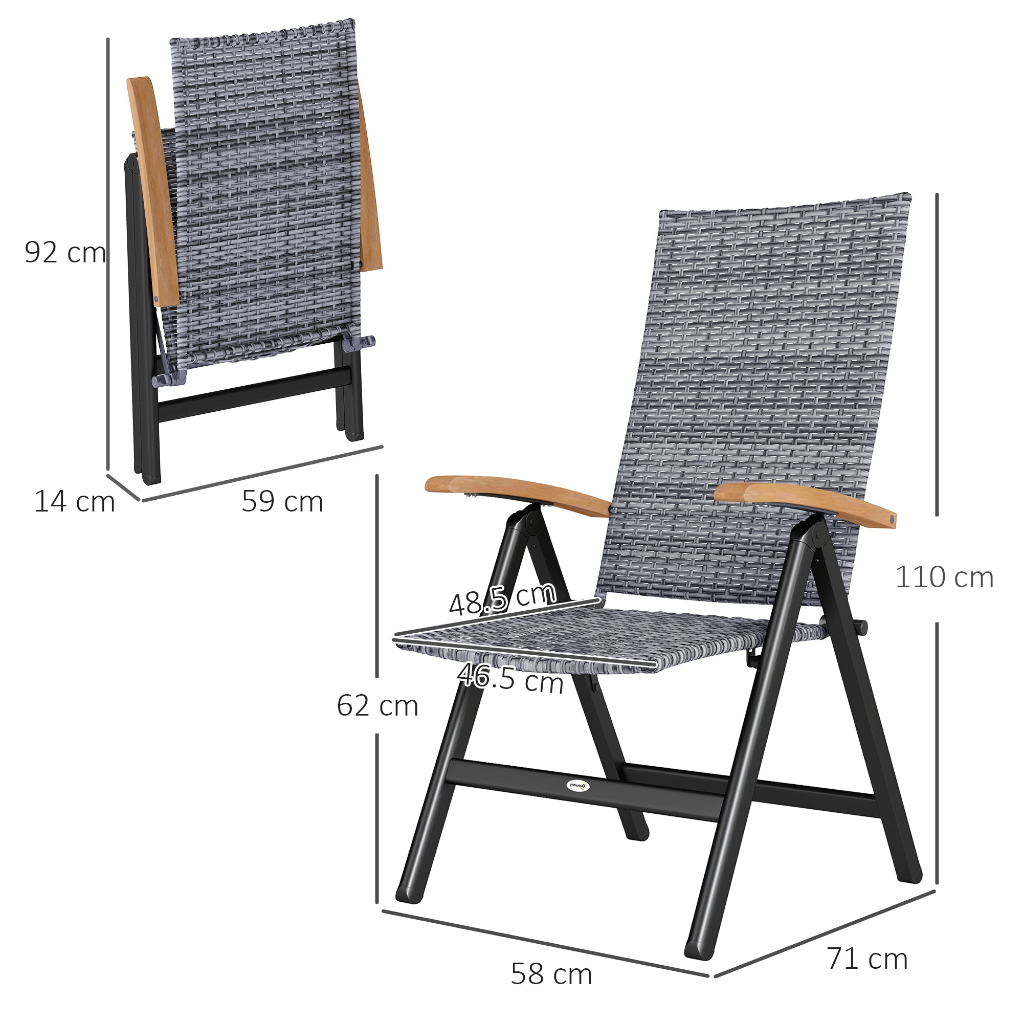 Outsunny 2 Pieces Folding Rattan Garden Dining Chairs with 5-level Reclining High Back, Wood Armrests for Outdoor - Light Grey