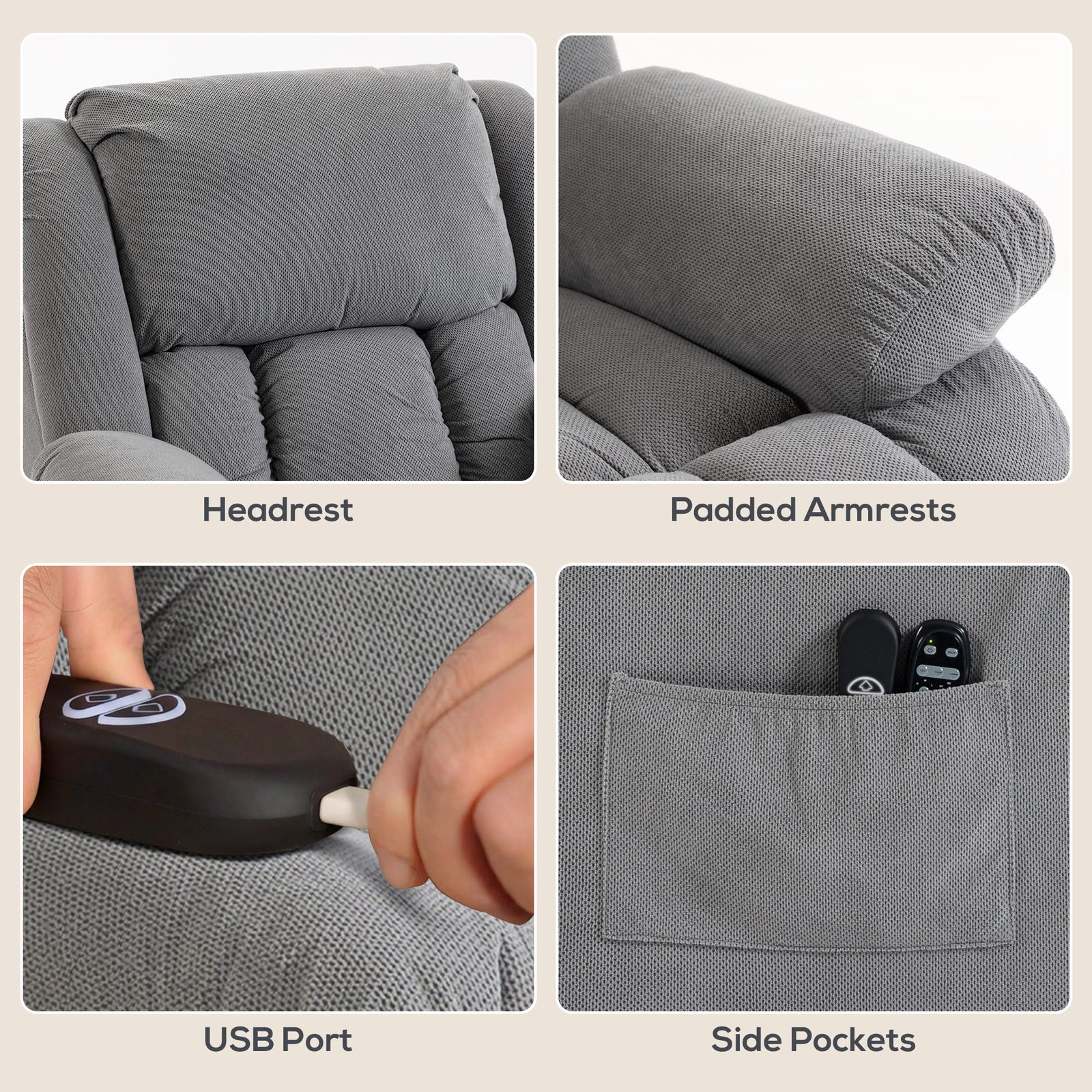 HOMCOM Recliner Armchair Lift Chair, Electric Recliner Chair with Vibration Massage and Heat, Wide Seat, USB Port, Light Grey