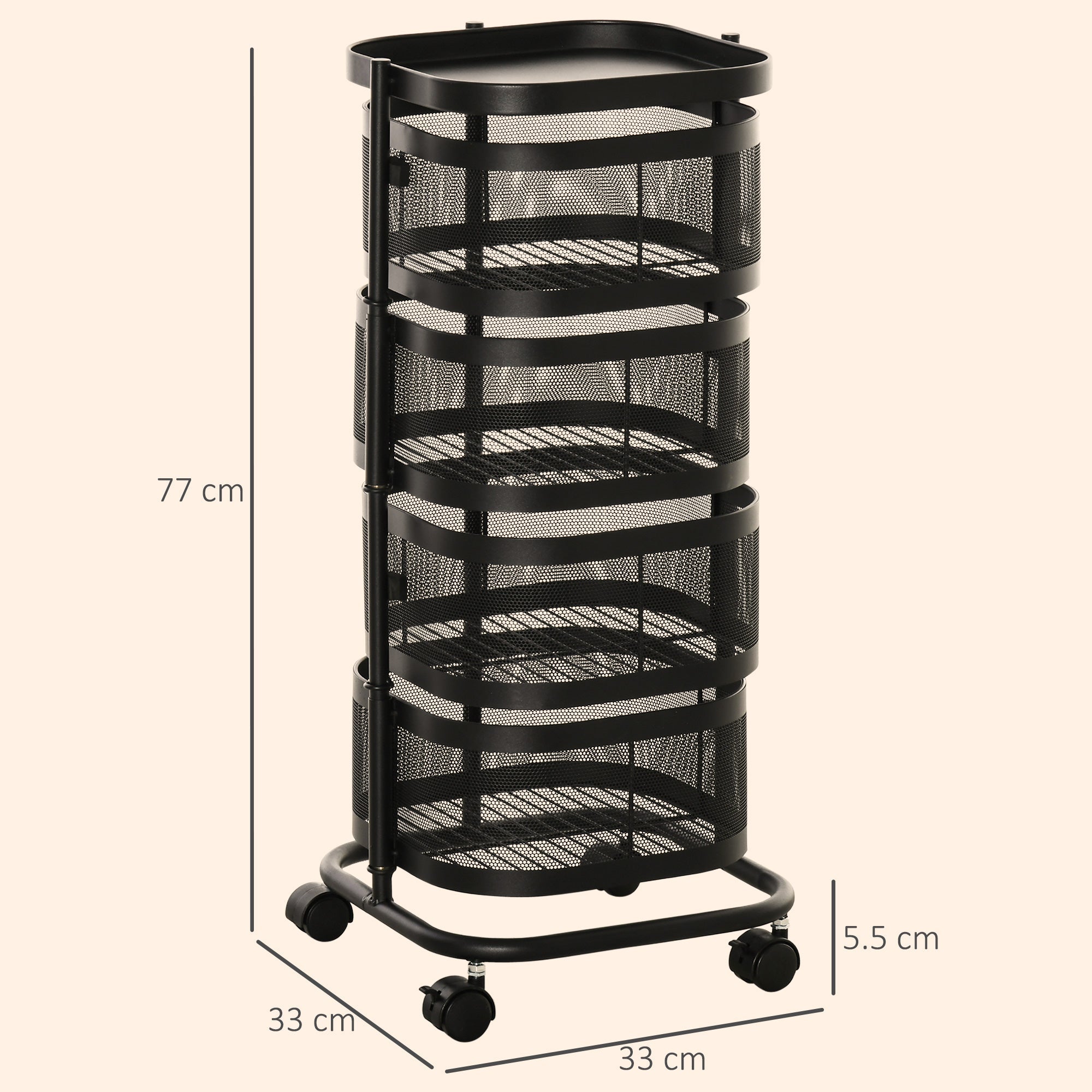 HOMCOM Metal Storage Cart, 4-Tier Storage Trolley on Wheels with 4 Mesh Baskets and Top Tray, Black