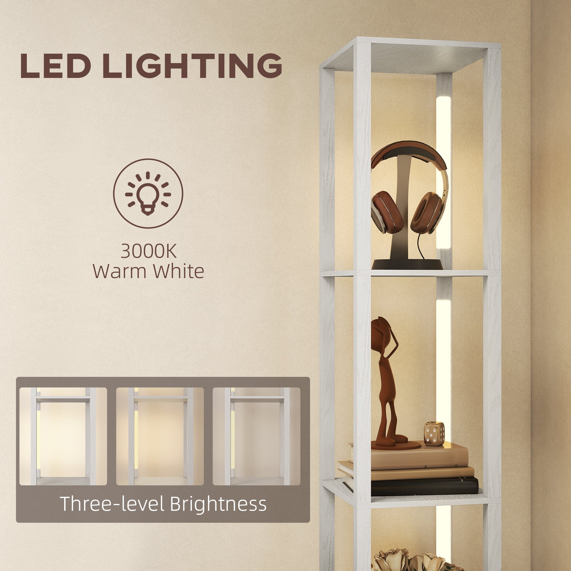 HOMCOM Floor Lamp with Shelves, LED Column Modern Standing Lamp with Fabric Drawer, Adjustable Brightness, Foot Switch for Living Room, Bedroom, Office, White