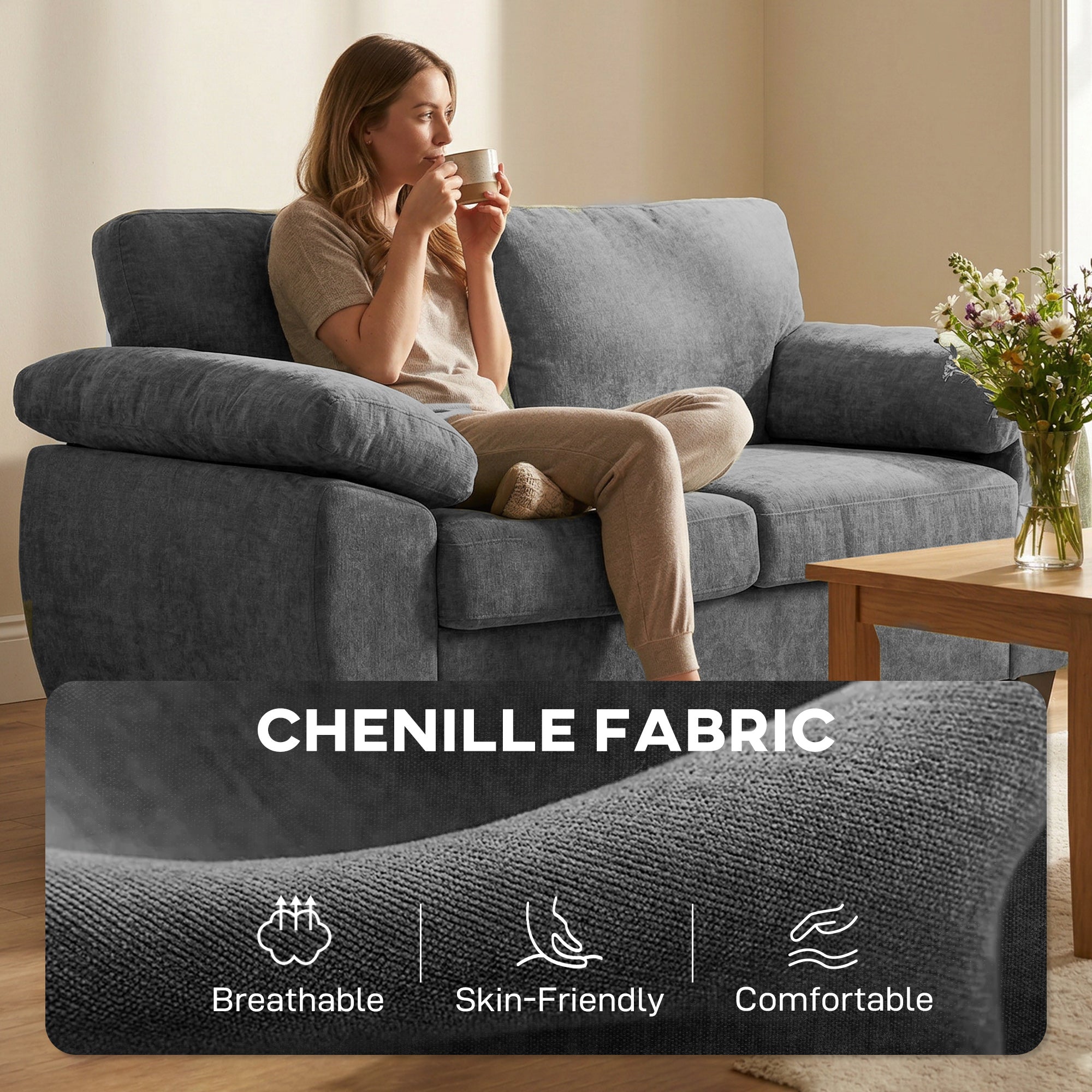 HOMCOM 2 Seater Sofa, 156cm Chenille Loveseat Sofa, Dark Grey