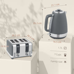 HOMCOM Stainless Steel Kettle and Toaster Set, 1.7L 3000W Rapid Boil Jug Kettle with UK Strix Thermostat, Limescale Filter, 4 Slice Toaster with 7 Browning Controls, Crumb Tray, Grey and Silver Tone