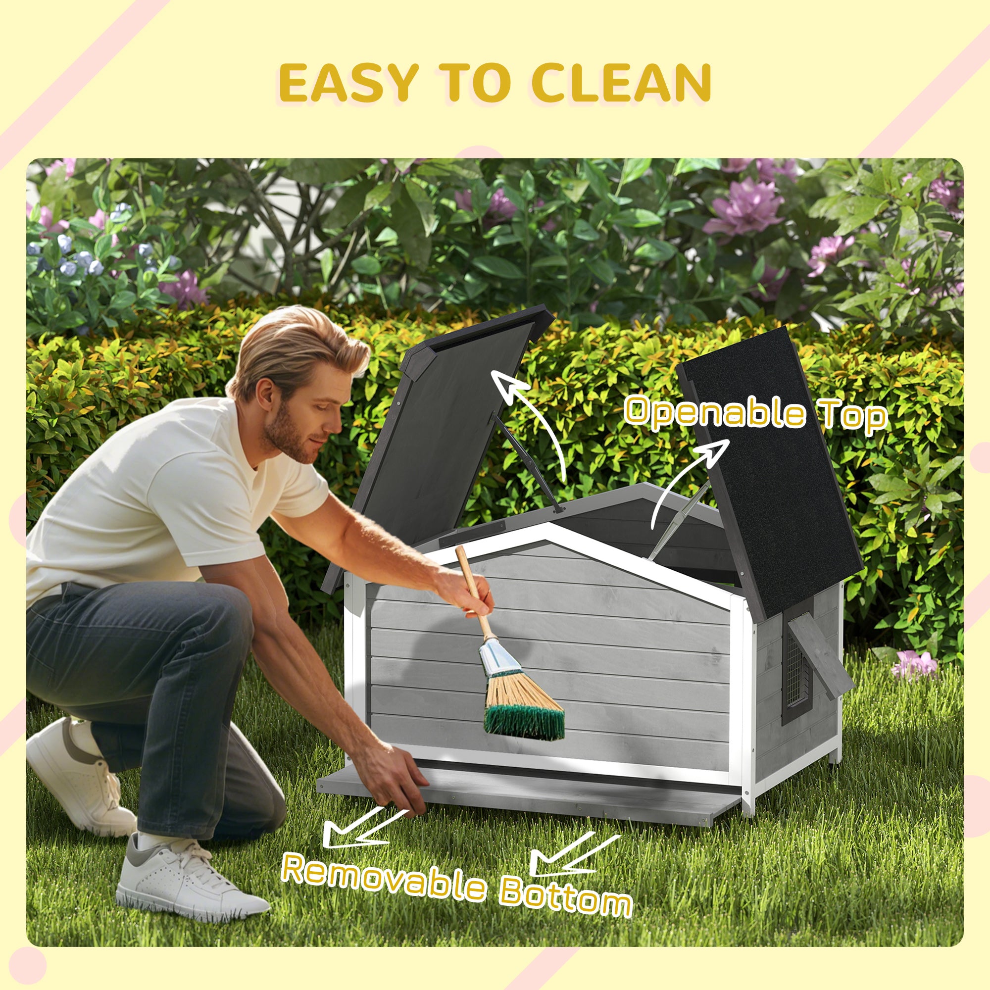 PawHut Wooden Dog Kennel for Outside, for Medium Dogs, 65H x 97L x 72Wcm, Grey