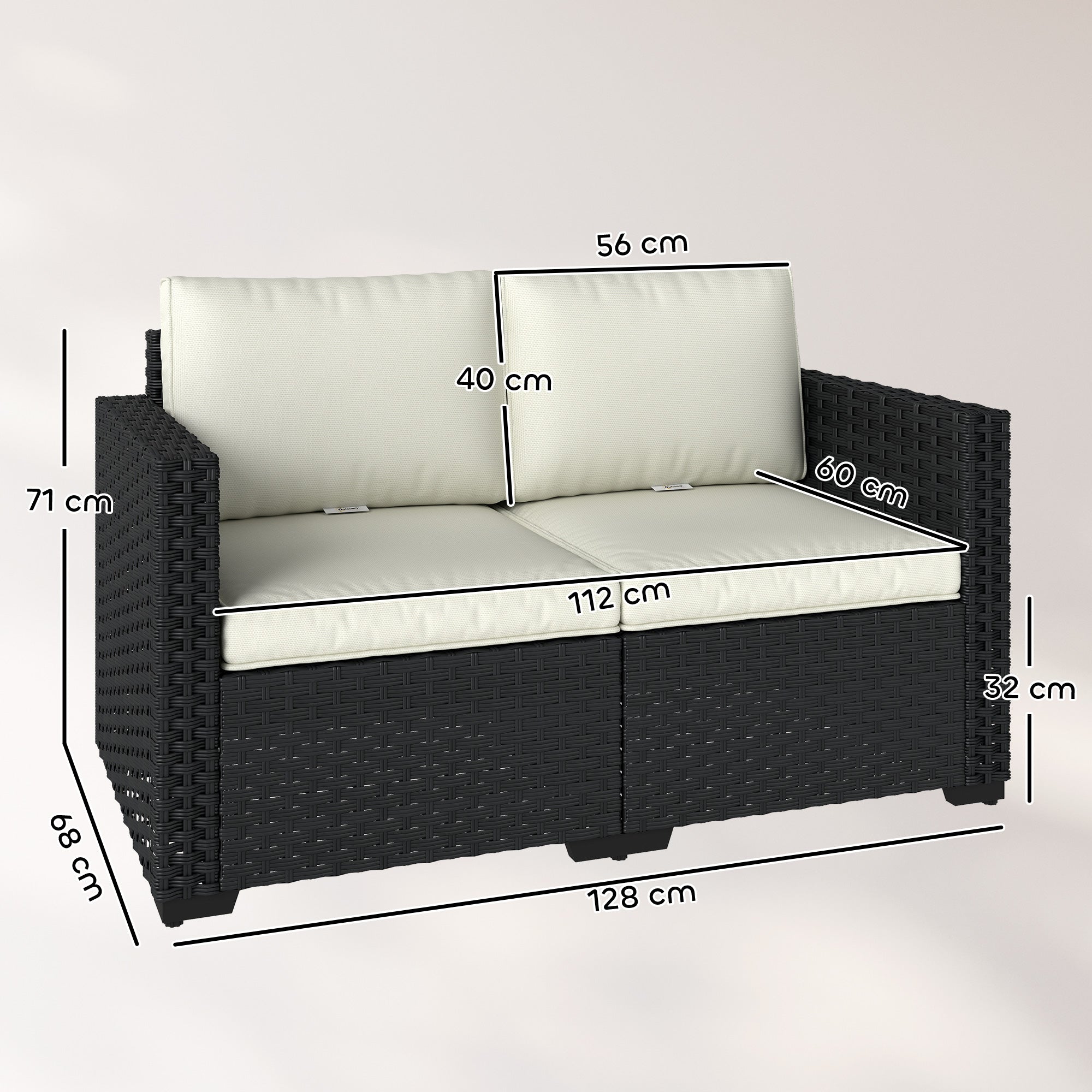 Outsunny 2 Seater Rattan Sofa, Outdoor Garden Sofa with Deep Seat, Cushions, Wide Armrests for Patio, Balcony, Porch, Black