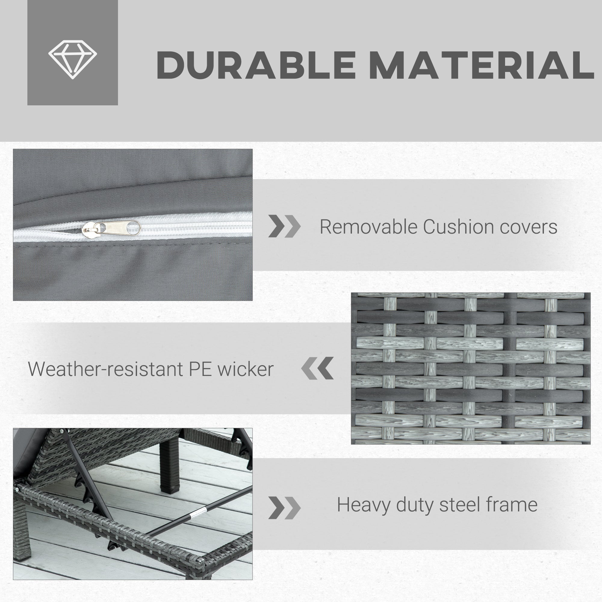 Outsunny 2 Pieces Outdoor PE Rattan Sun Loungers set of 2 with Cushion, Garden Wicker Sunbed Furniture with 5 - Level Recliner Backrest, Grey