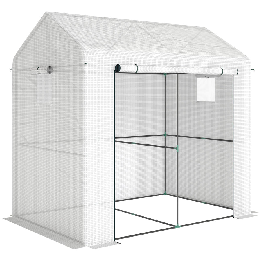 Outsunny Walk-in Greenhouse, Outdoor Tomato Greenhouse with Roll-up Door and Mesh Windows, PE Cover, 200 x 140 x 200cm, White