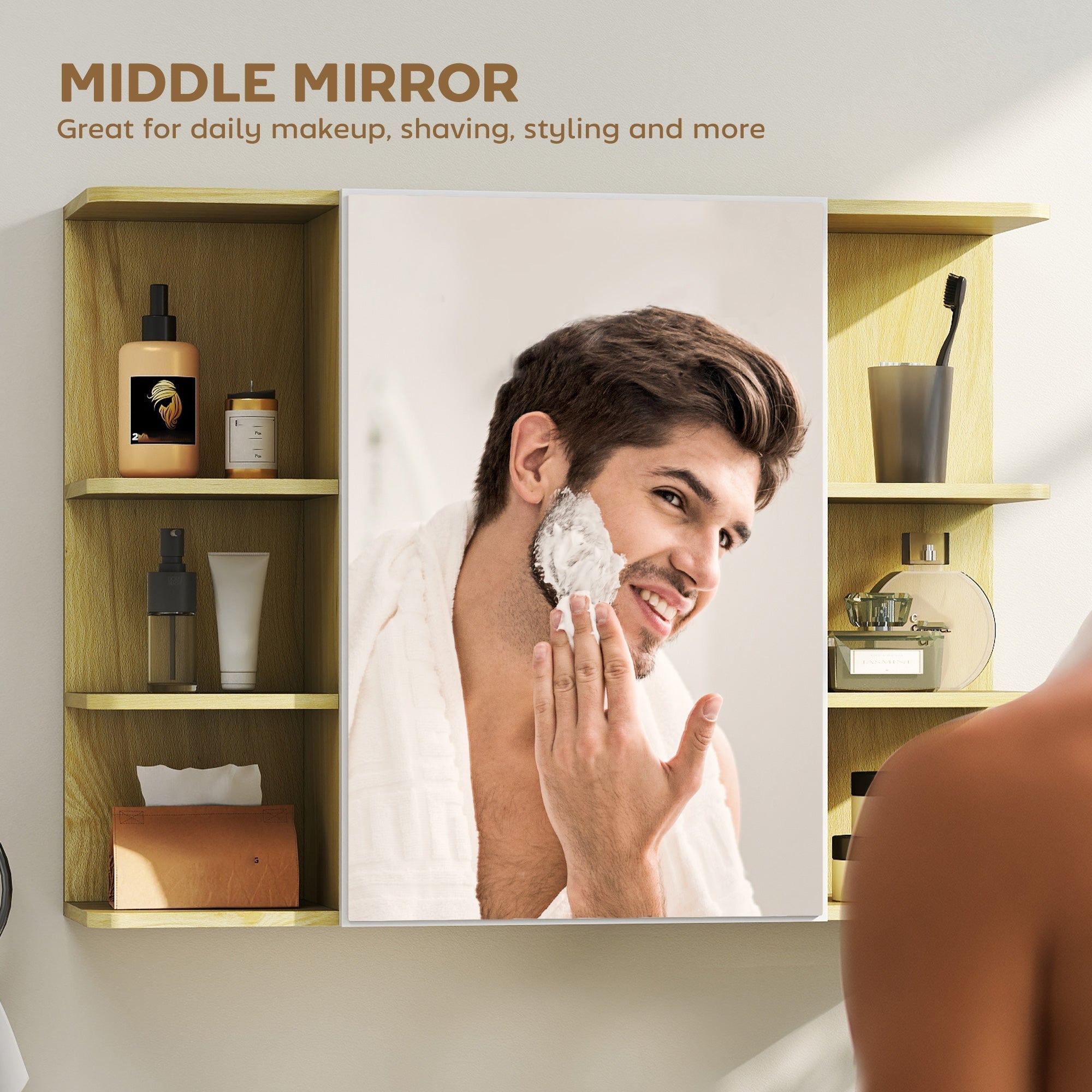 HOMCOM Bathroom Mirror Cabinet with Open Storage Shelves - Natural Wood Finish