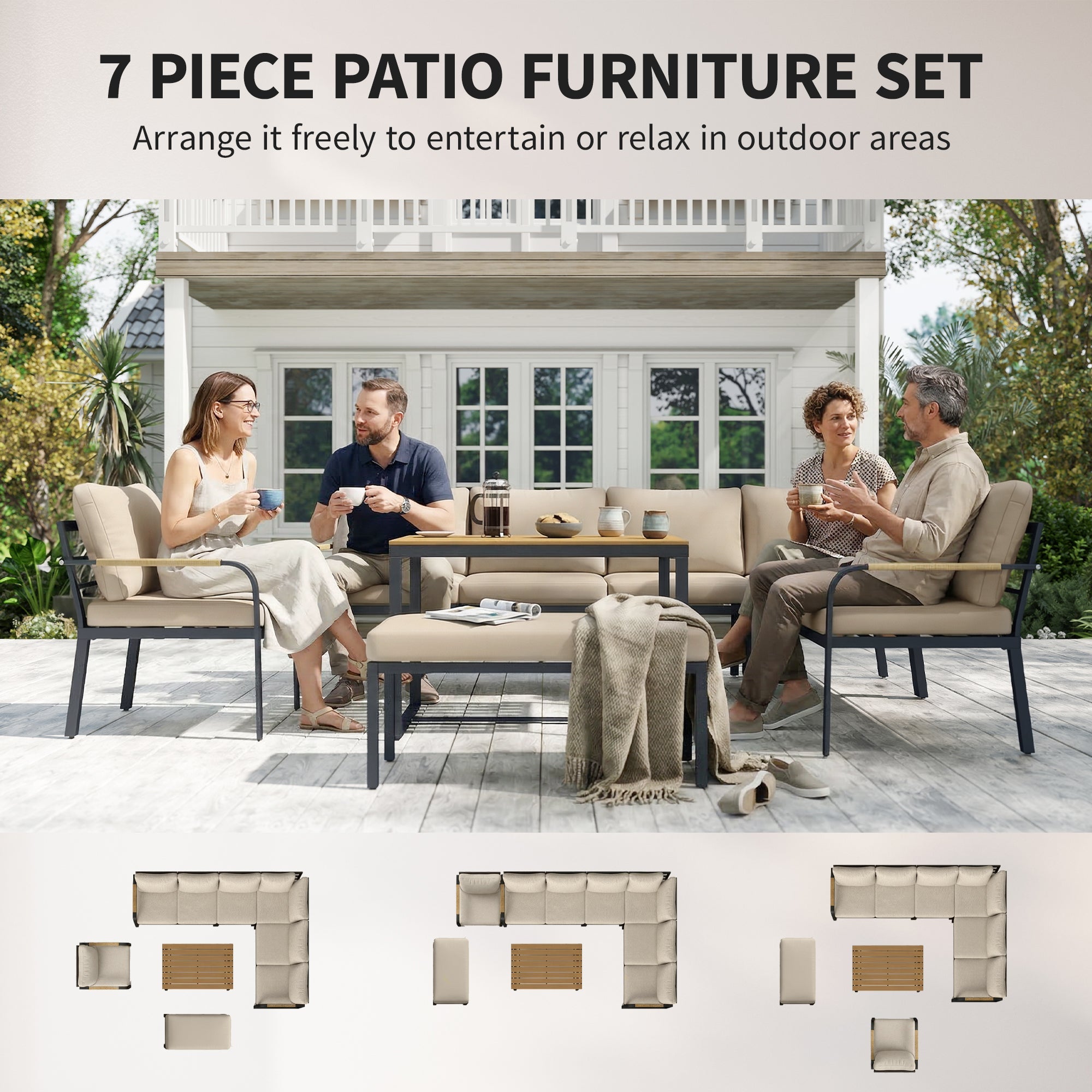 Outsunny 7 Seater Garden Furniture Set, Metal Garden Sofa Set with Cushions, Outdoor Furniture Conversation Sets, Khaki