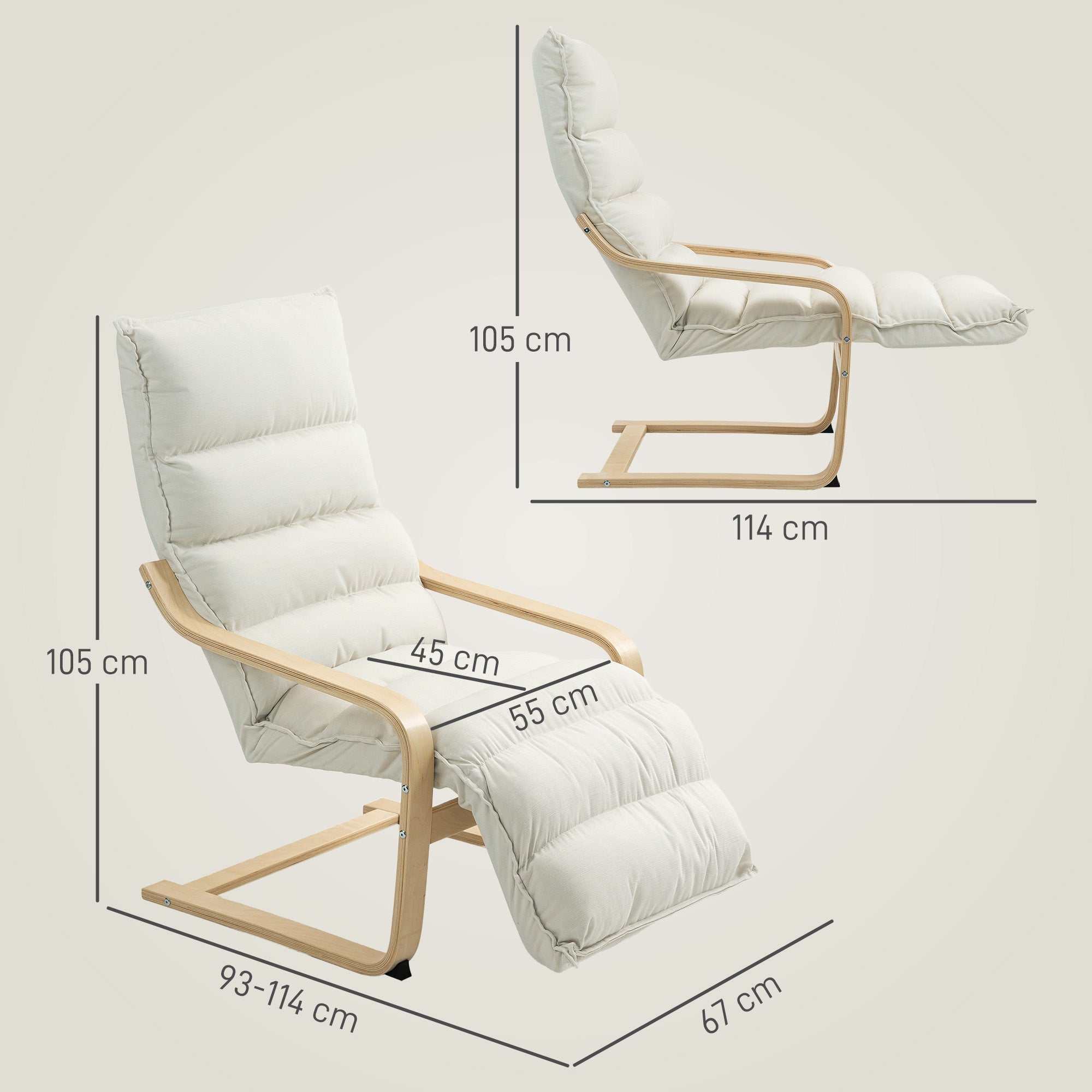 HOMCOM Curved Wooden Accent Chair, with Adjustable Footrest - Cream White