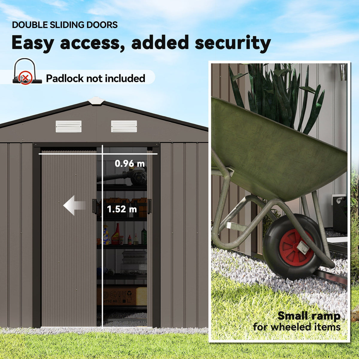 Outsunny 9 x 6ft Metal Garden Shed, Outdoor Storage Tool House with Ventilation Slots, Foundation Kit and Lockable Double Doors, Brown