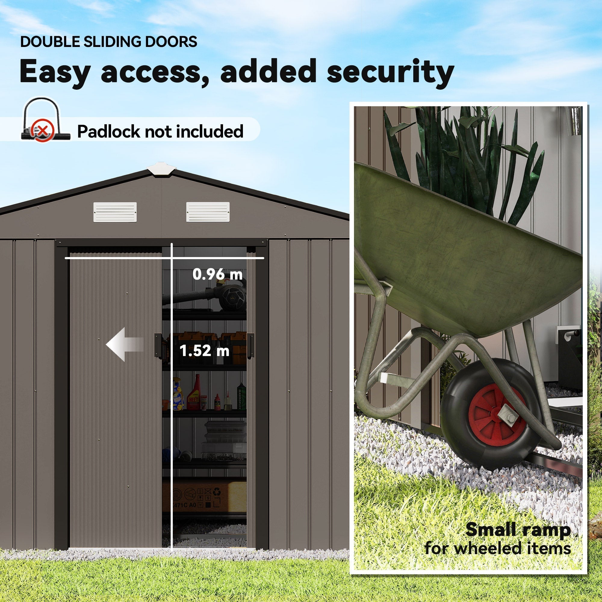 Outsunny 9 x 6ft Metal Garden Shed, Outdoor Storage Tool House with Ventilation Slots, Foundation Kit and Lockable Double Doors, Brown