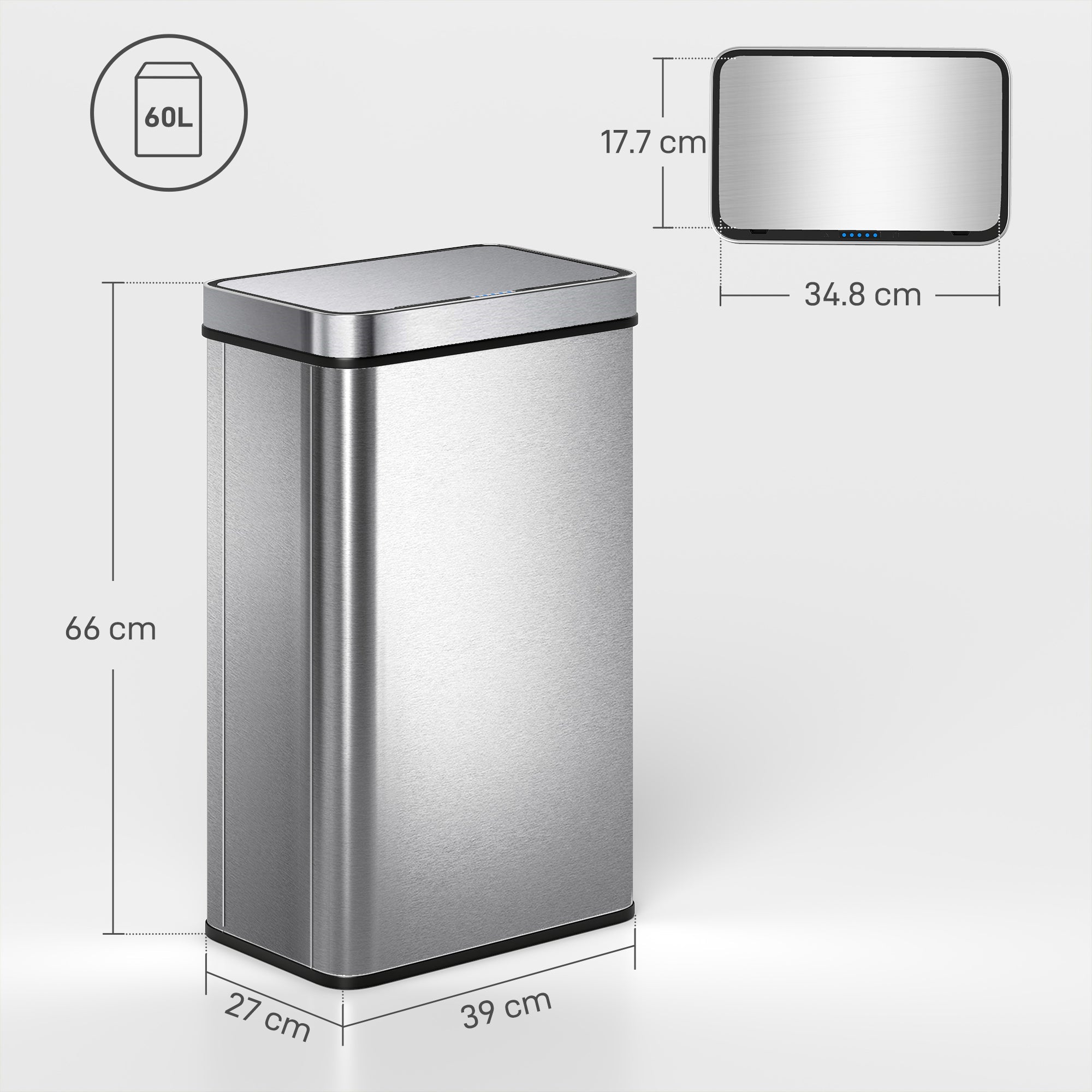 HOMCOM 60 L Sensor Can,  Sensor Bin with Soft-Close Lid, Fingerprint-Proof Stainless Steel, Silver Tone
