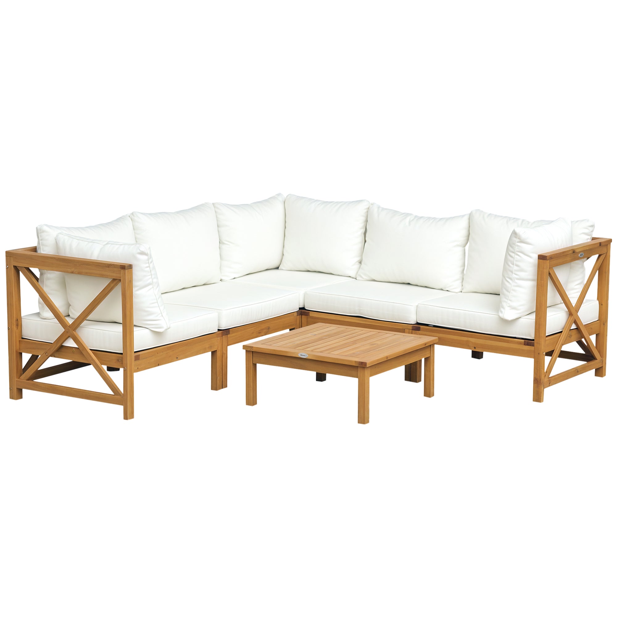 Outsunny 6 PCS Elegant Wood Frame Outdoor Patio Dining Set w/ Cushions Coffee Table Garden Furniture Sofa Comfort Balcony Patio Cream White