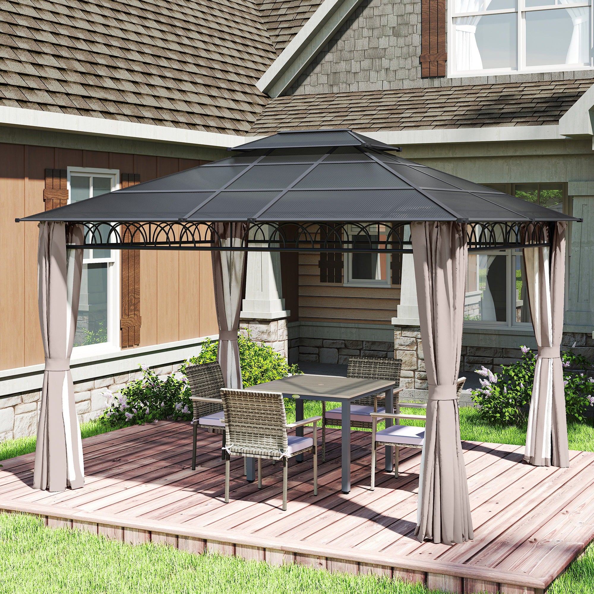 Outsunny 3.6 x 3 (m) Outdoor Polycarbonate Gazebo, Double√Ç Roof Hard Top Gazebo with Nettings√Ç &√Ç Curtains for Garden, Lawn, Patio