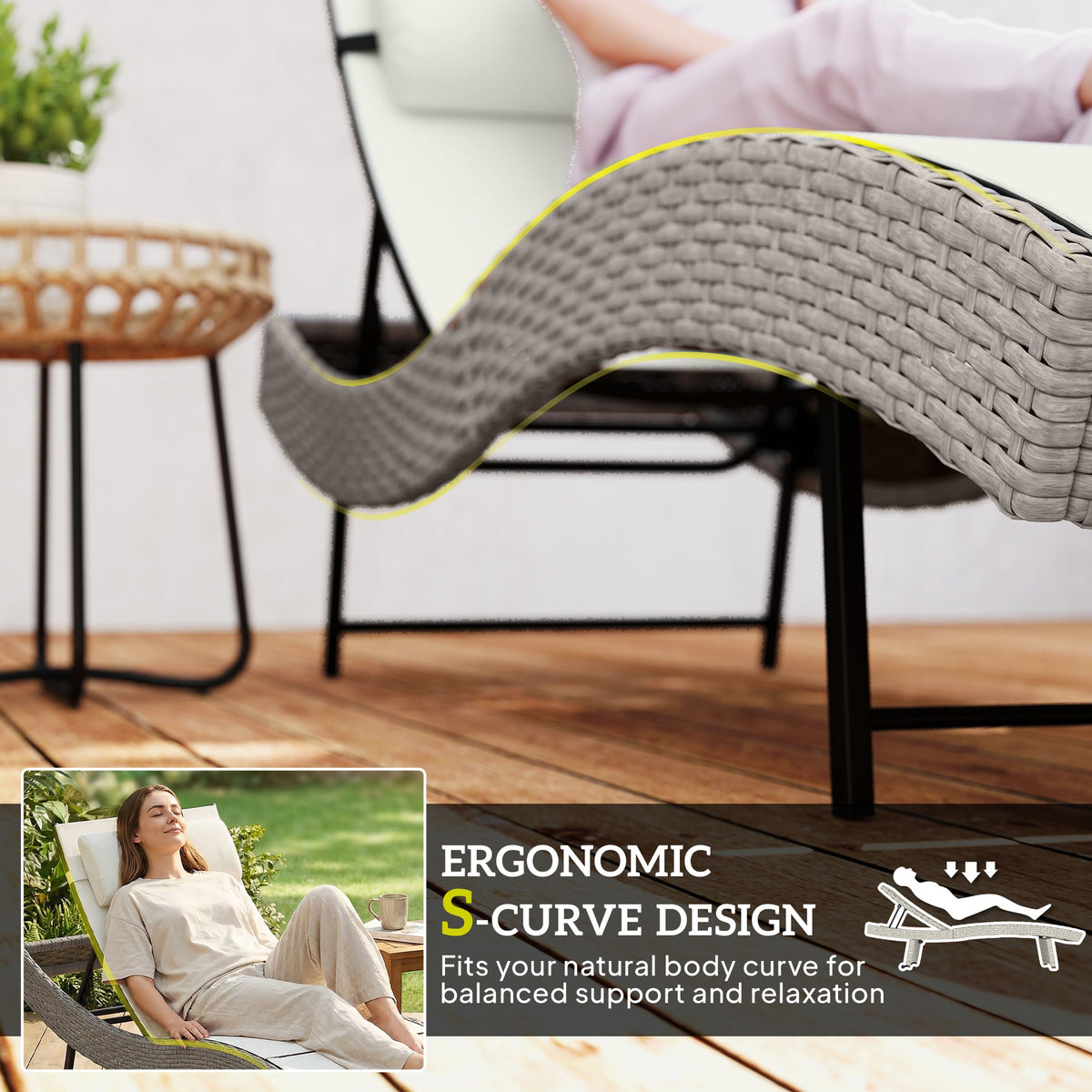 Outsunny Rattan Sun Lounger, Garden Recliner with 5 Position Adjustable Back, S Shaped Texteline Seat, Headrest, Cream White